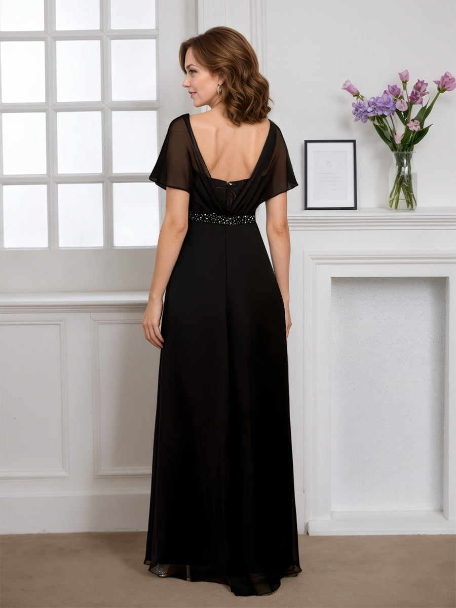 Cicinia Noir Robe pour Mère de la Mariée Longue Fourreau en Mousseline Dentelle Perlé Longueur Sol