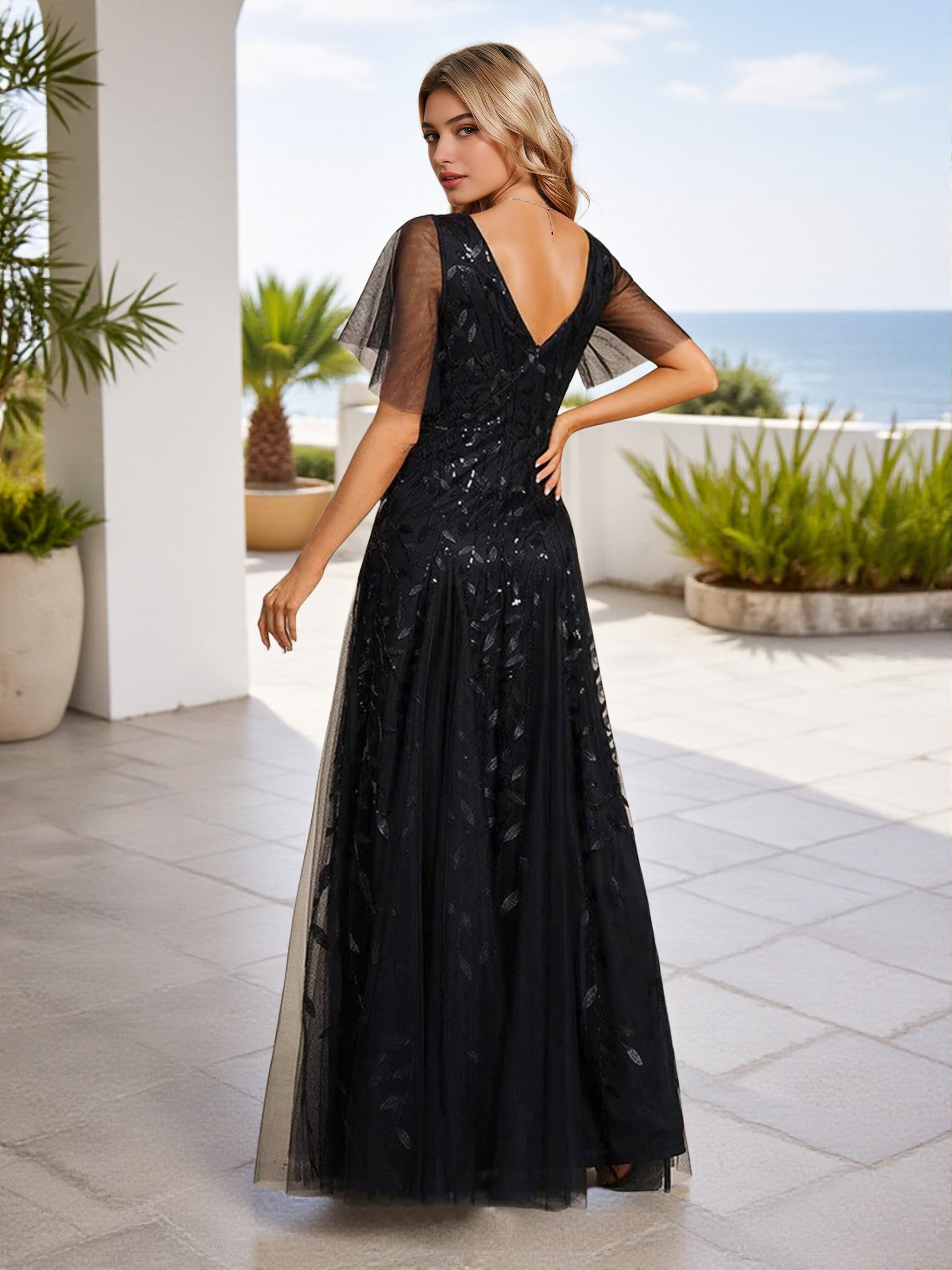 Cicinia Robe Demoiselle d’Honneur Bleu Marine Décolleté en V Manches à Volants Scintillante Romantique