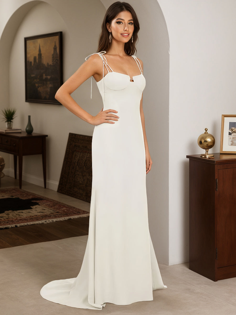 Cicinia Robe de Soirée BLANC Longue Fourreau à Bretelles Spaghetti Dos Nud avec Traîne Balayée