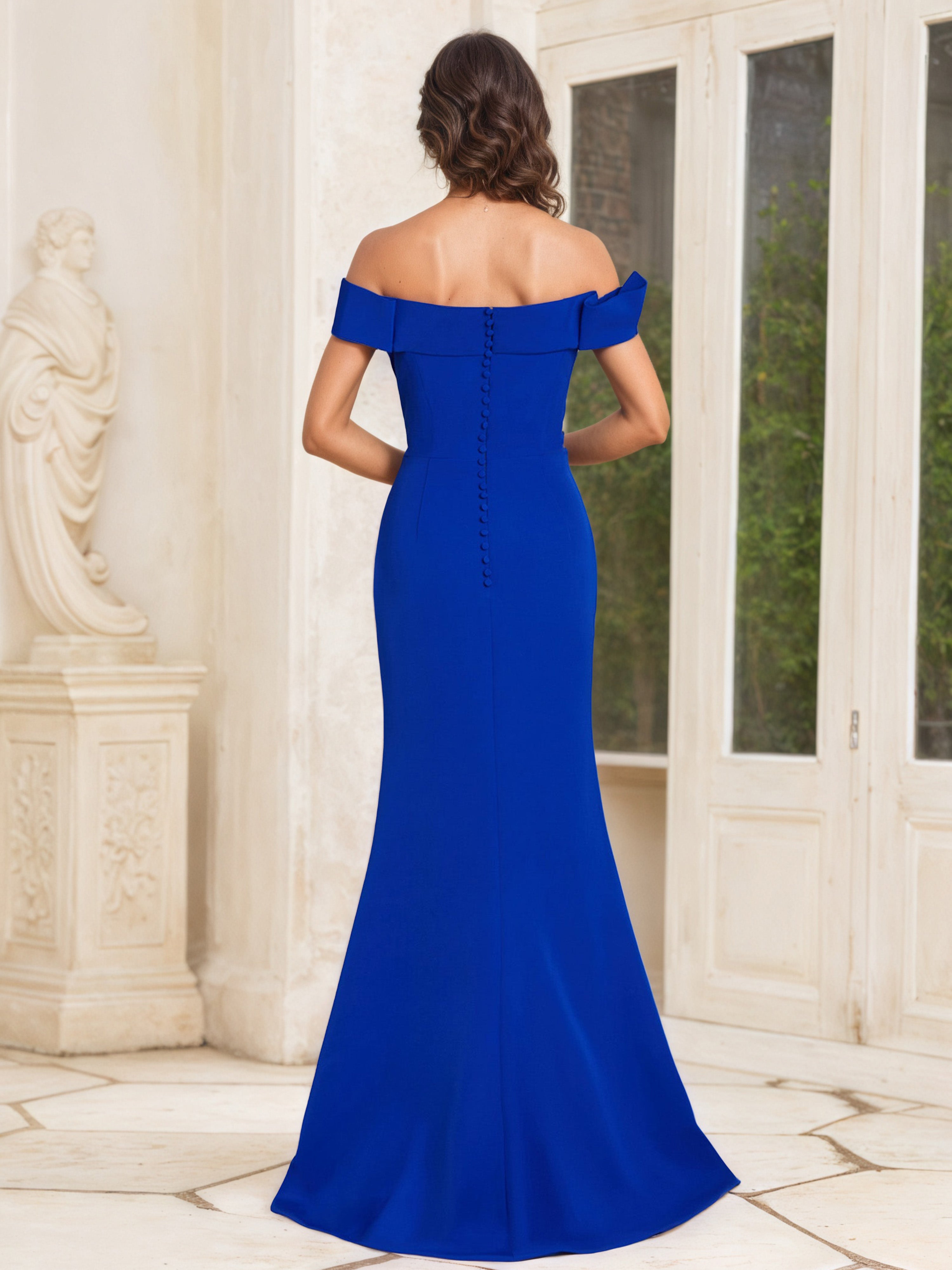 Robe Mère de la Mariée BLEU_ROYALE Fourreau/Colonne à Épaules Dénudées