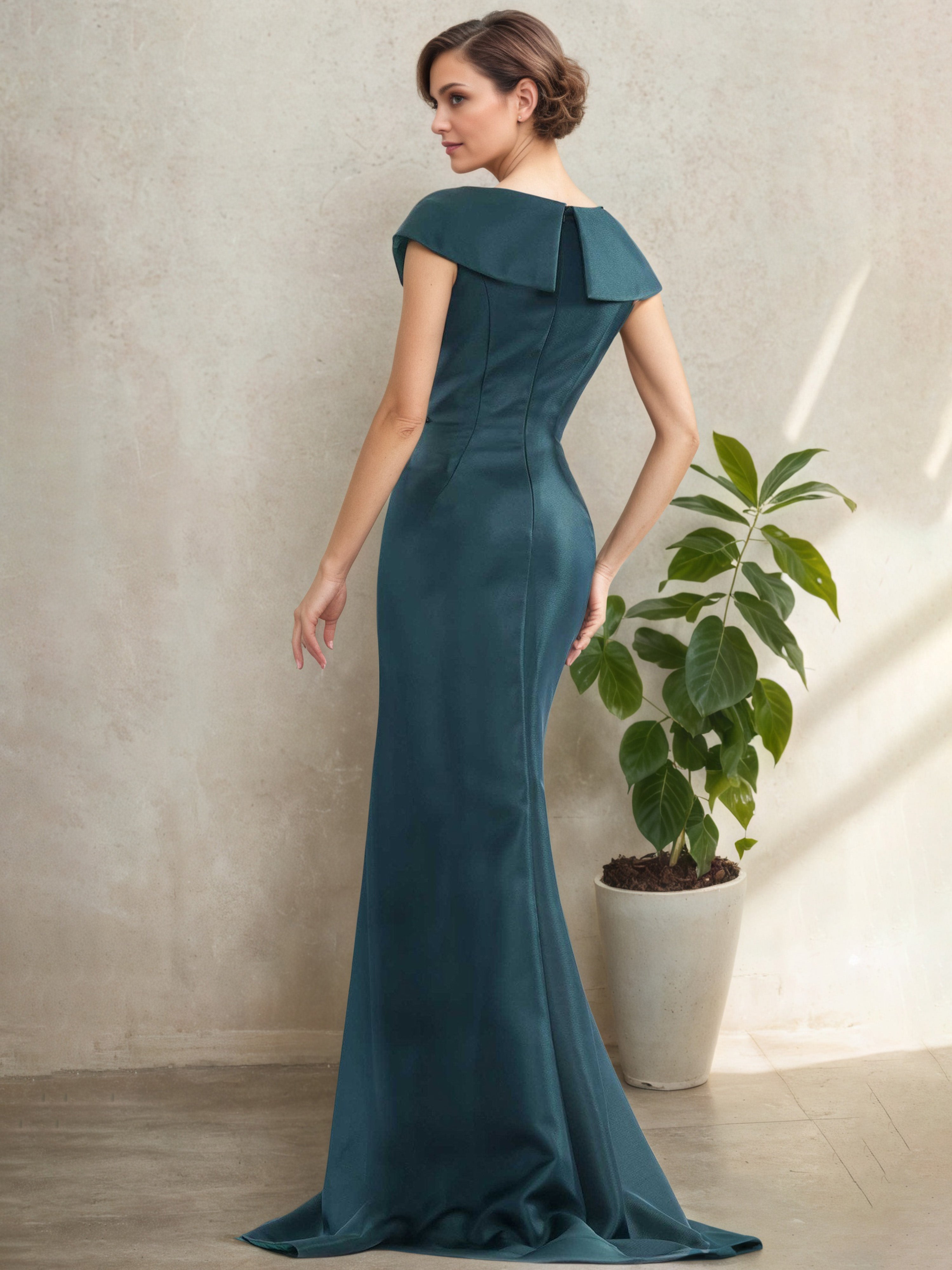 Robe Mère de la Mariée BLEU_ENCRE à Décolleté en V Manches Ballon avec Volant Latéral
