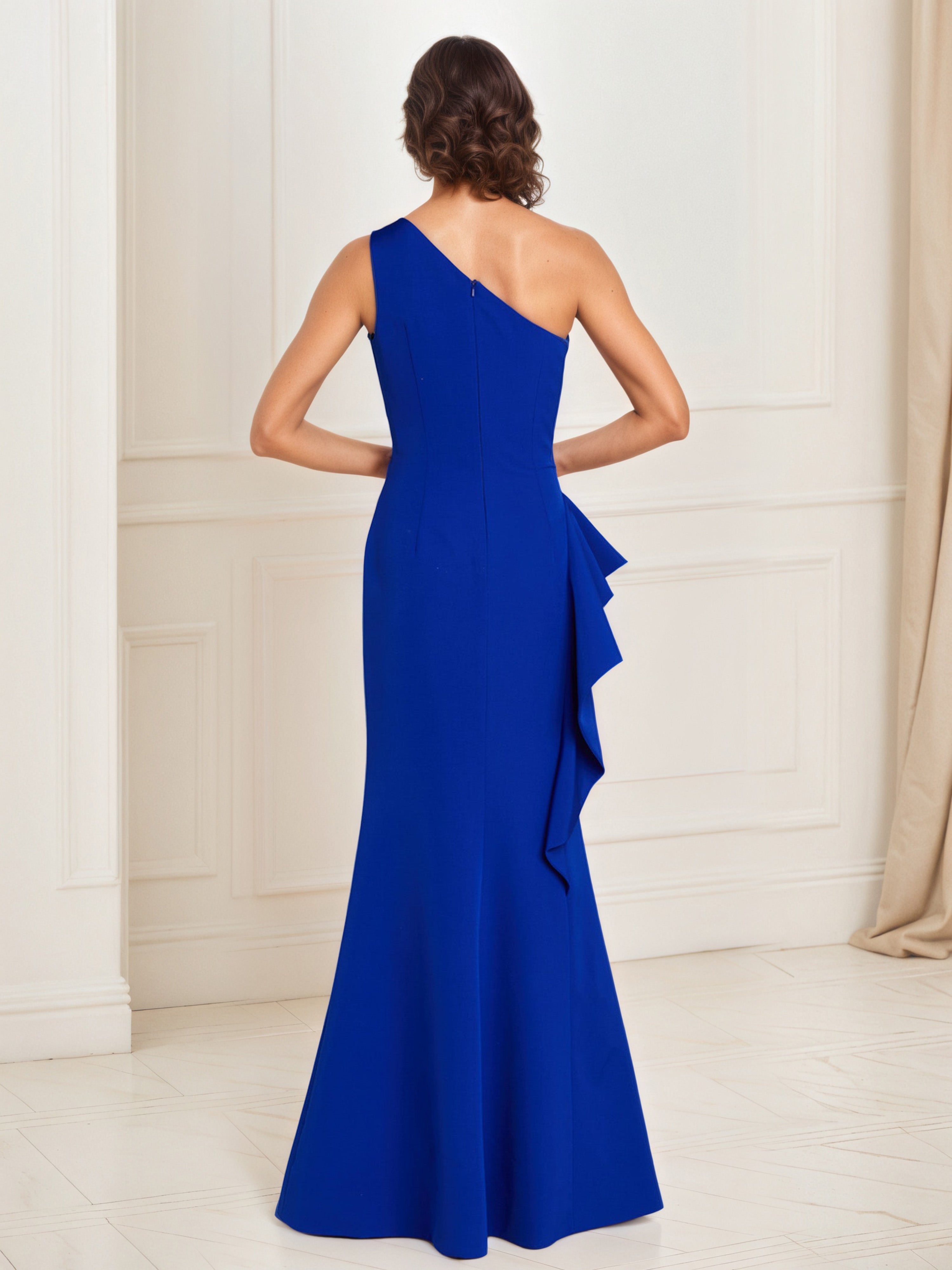 Robe de Bal BLEU_ROYALE Longue Silhouette Mermaid à Une Épaule avec Plissés Sophistiqués