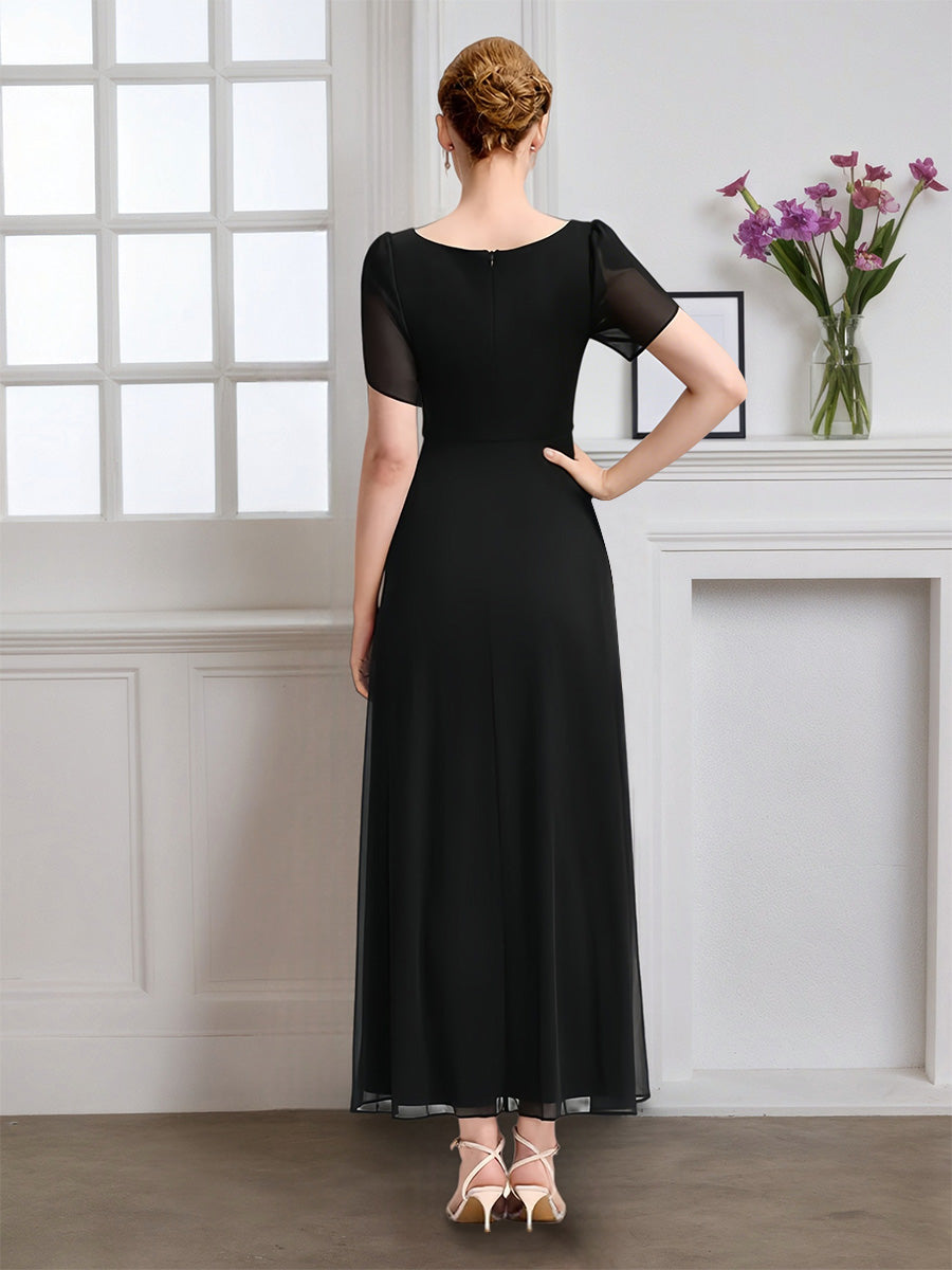 Cicinia Robe pour Mère de la Mariée Noir Longue A-Line en Mousseline Manches Courtes Décolleté en V Longueur Cheville