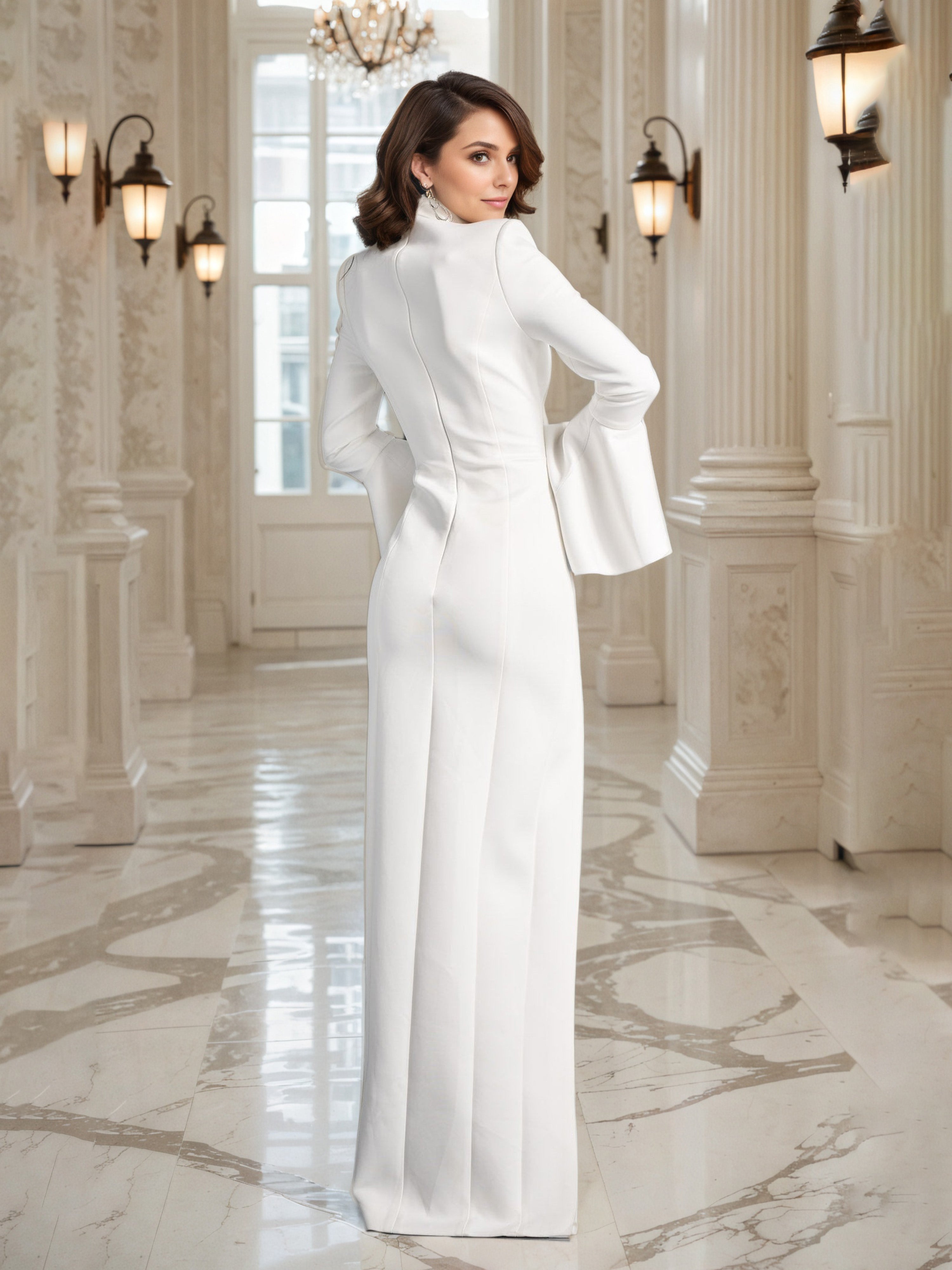 Robe de Soirée Longue Blanche à Col Montant Fourreau/Colonne Avec Manches Illusion