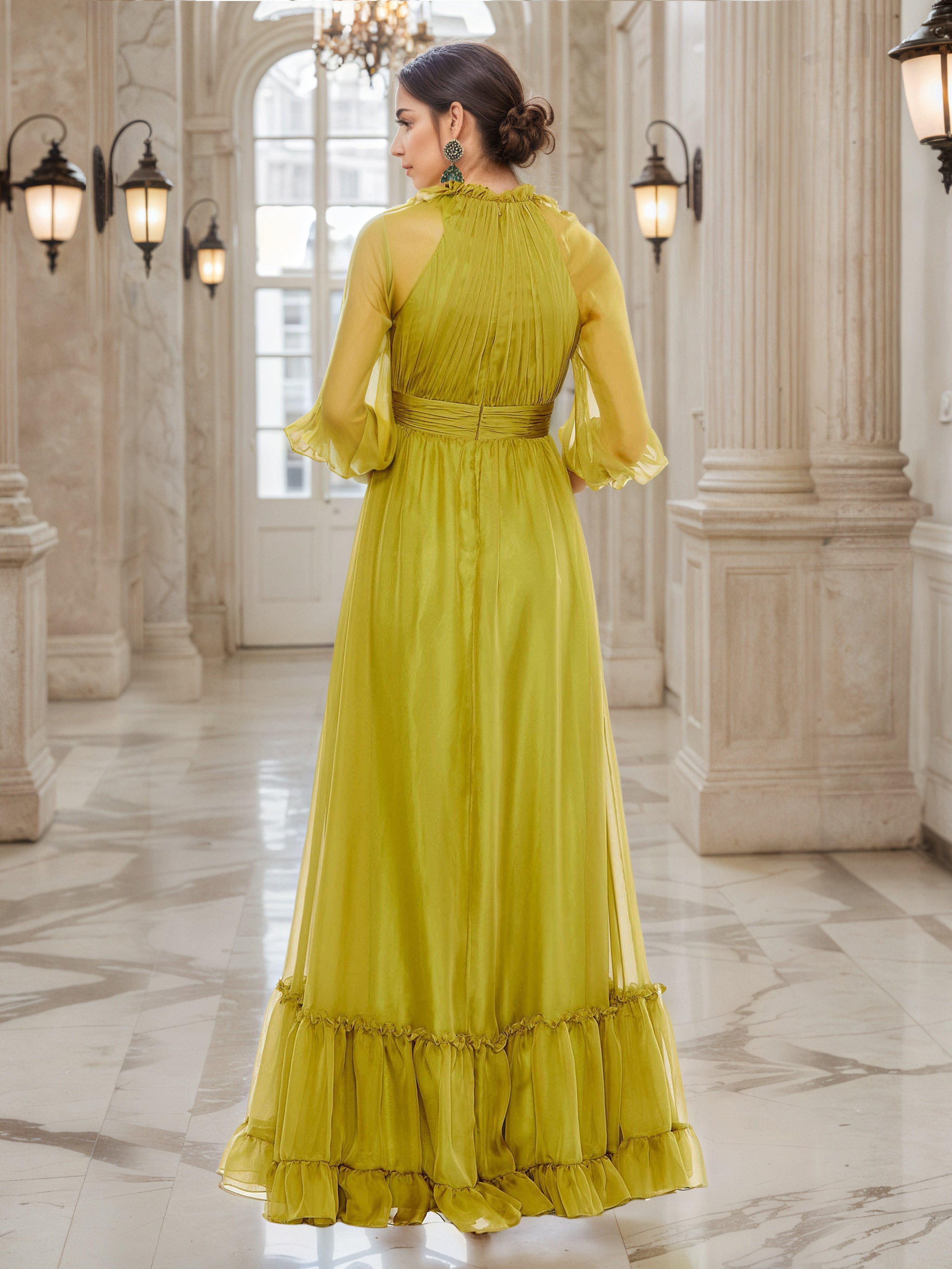 Elégante Robe de Soirée Olive Col Rond Mousseline Trapèze à Manches Transparentes