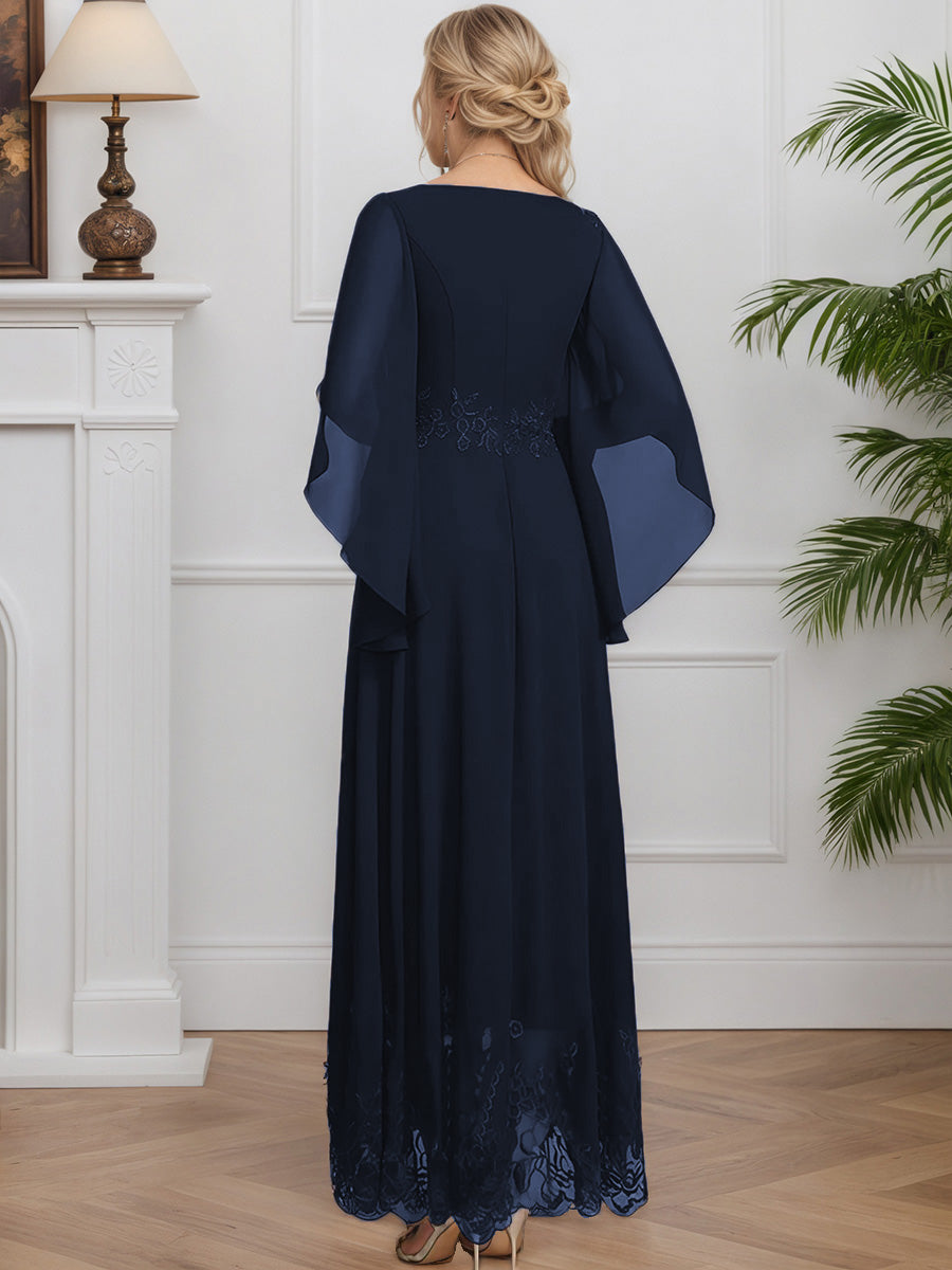 Cicinia Bleu Marine Robe pour Mère de la Mariée Longue en Mousseline et Dentelle A-Line Décolleté en rond