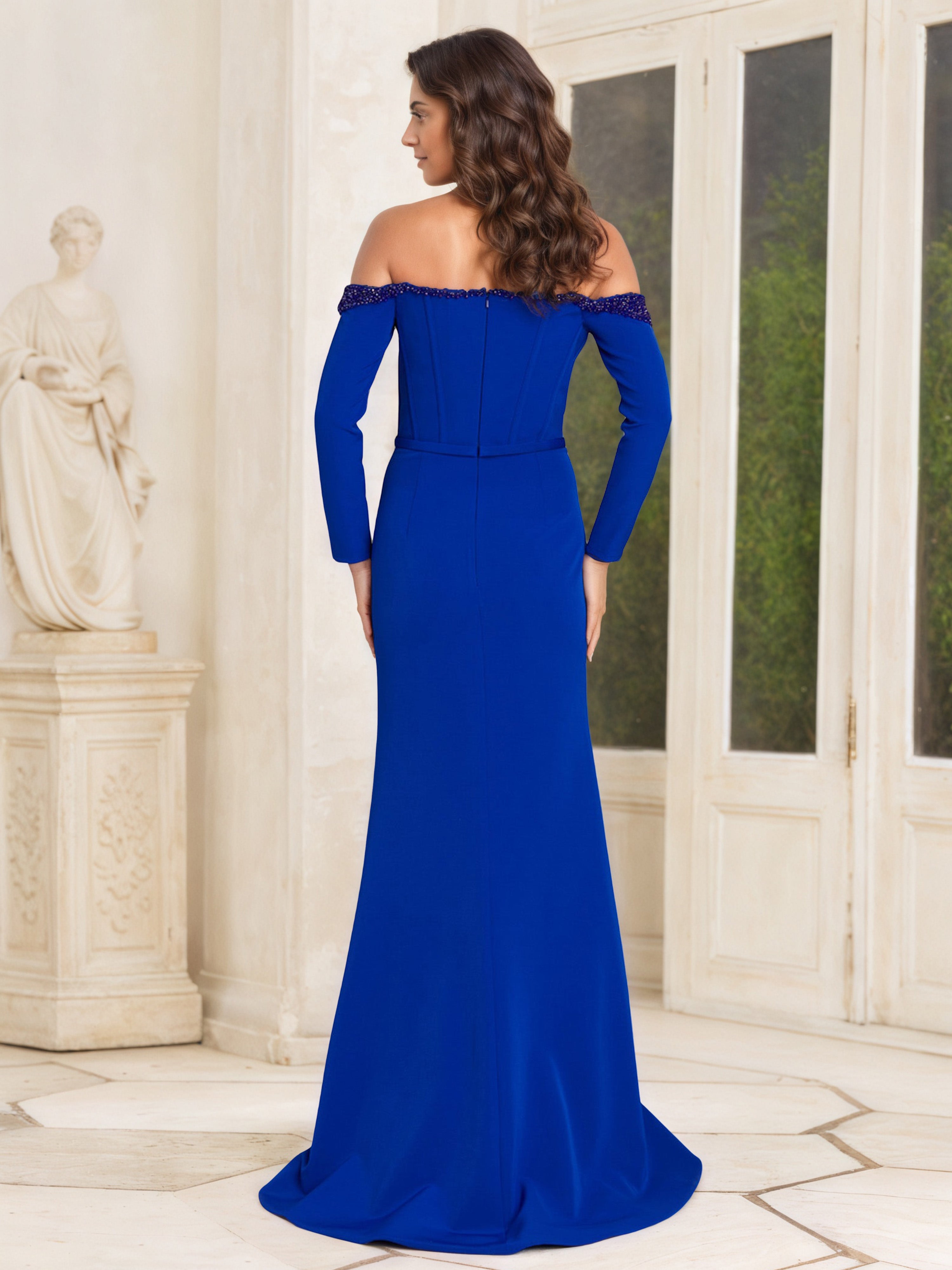 Robe Mère de la Mariée BLEU_ROYALE Fourreau/Colonne à Épaules Dénudées Manches Longues