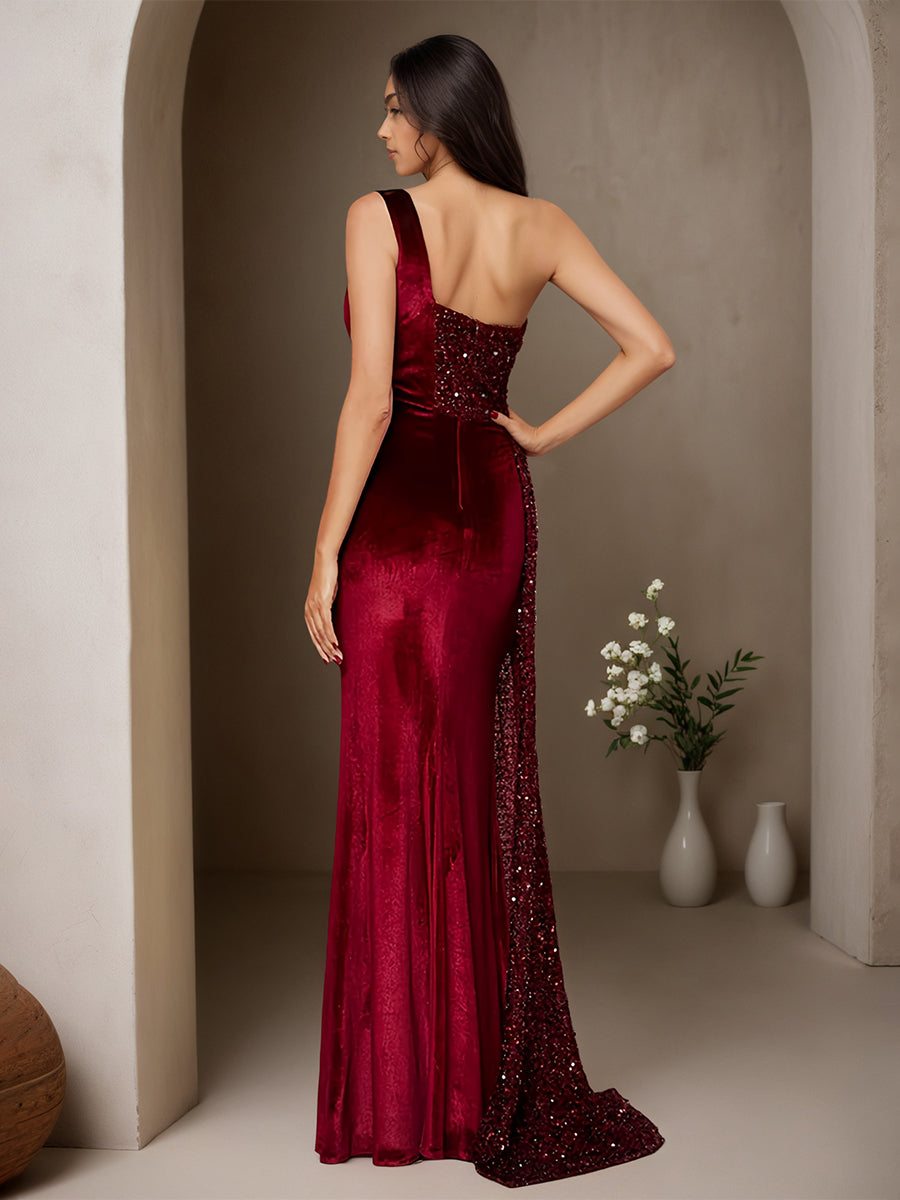 Cicinia BORDEAUX Robe de Soirée Longue à Paillettes Fourreau Seule Épaule en Velours