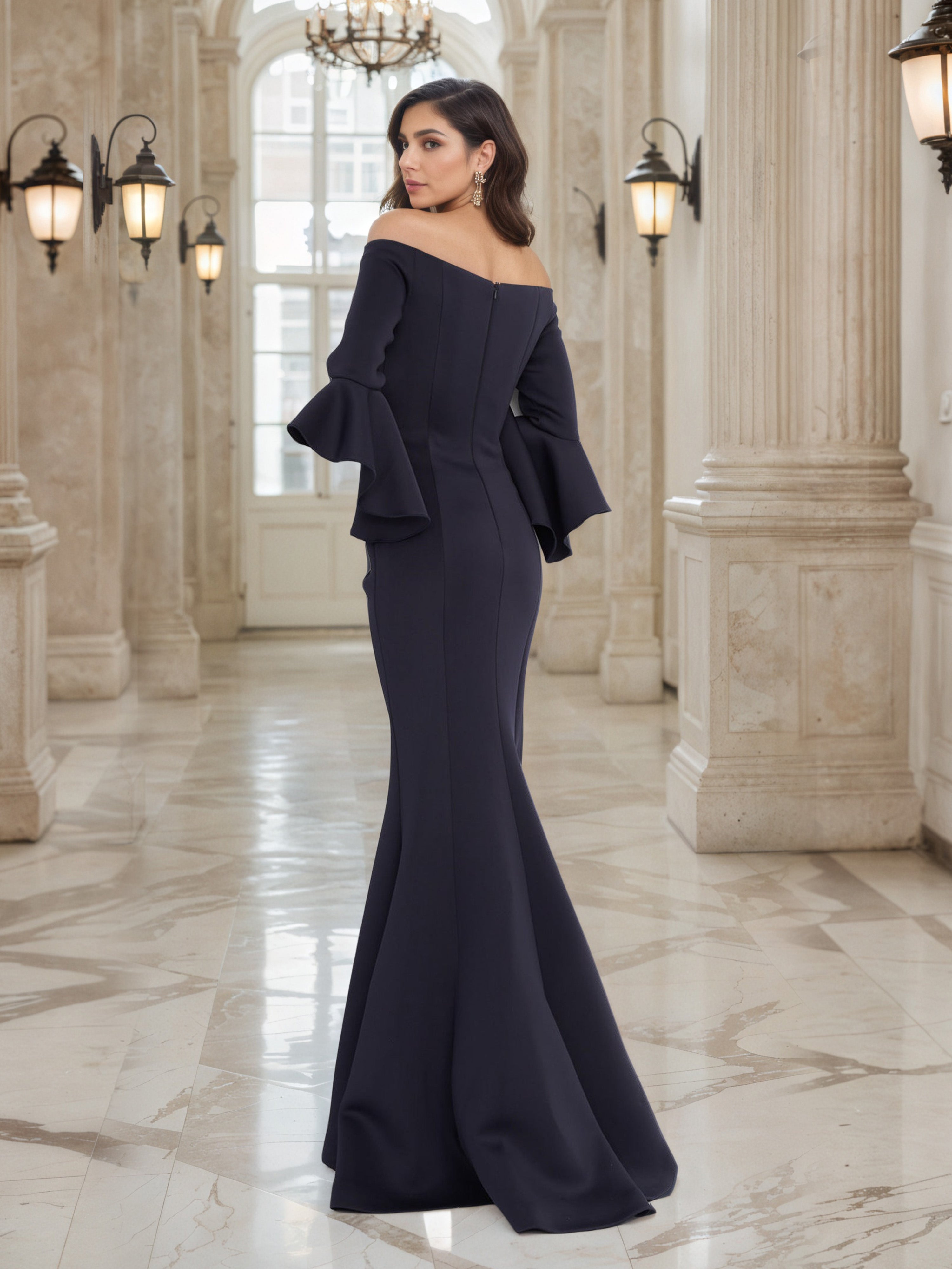 Robe de Soirée BLEU_MARINE Epaules Dénudées Robe Trompette/Sirène Avec Manches cloche