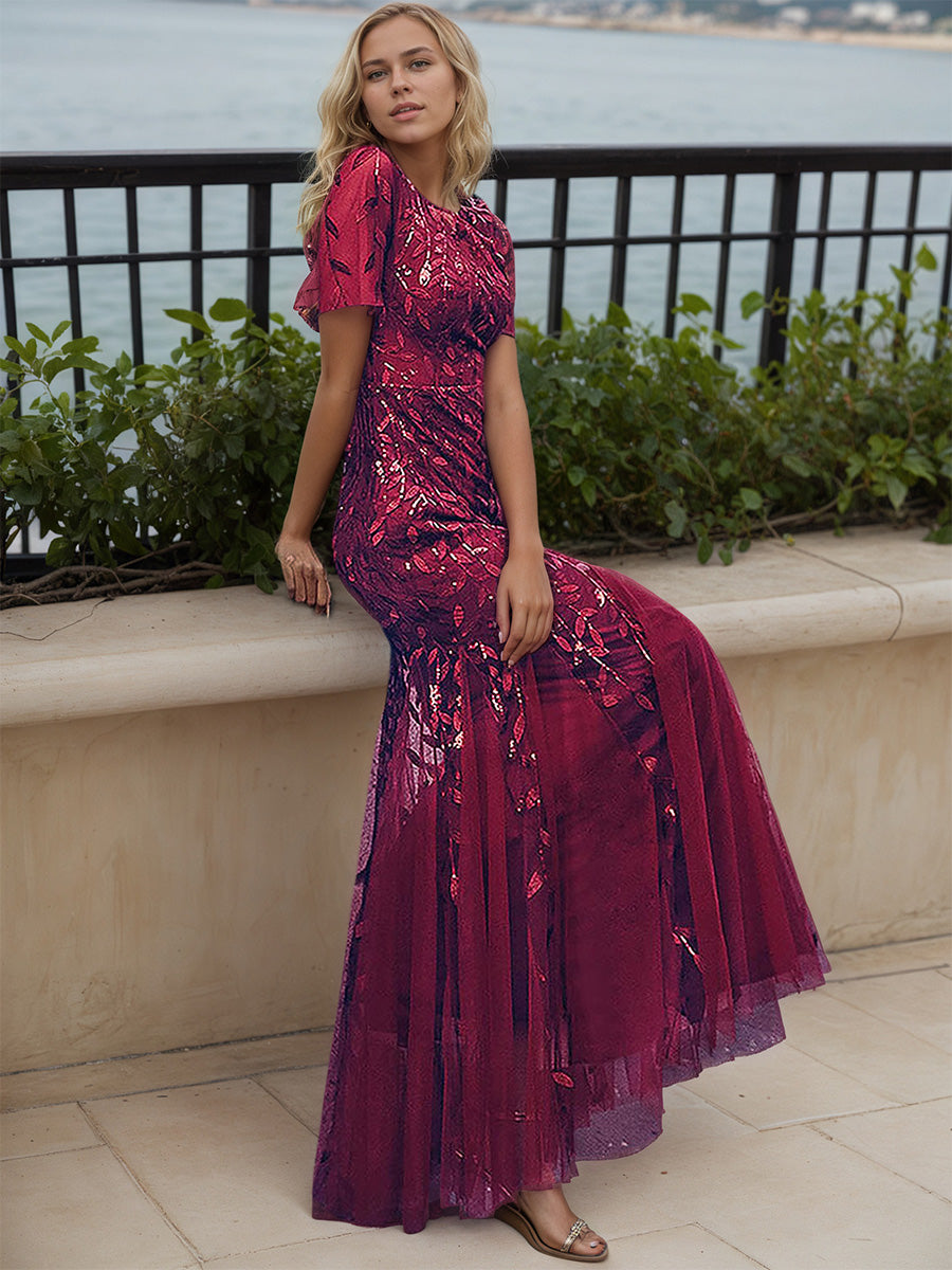 Cicinia Robe de Soirée en Bordeaux Longue en Dentelle Manches Courtes Décolleté en Coeur Ravissante