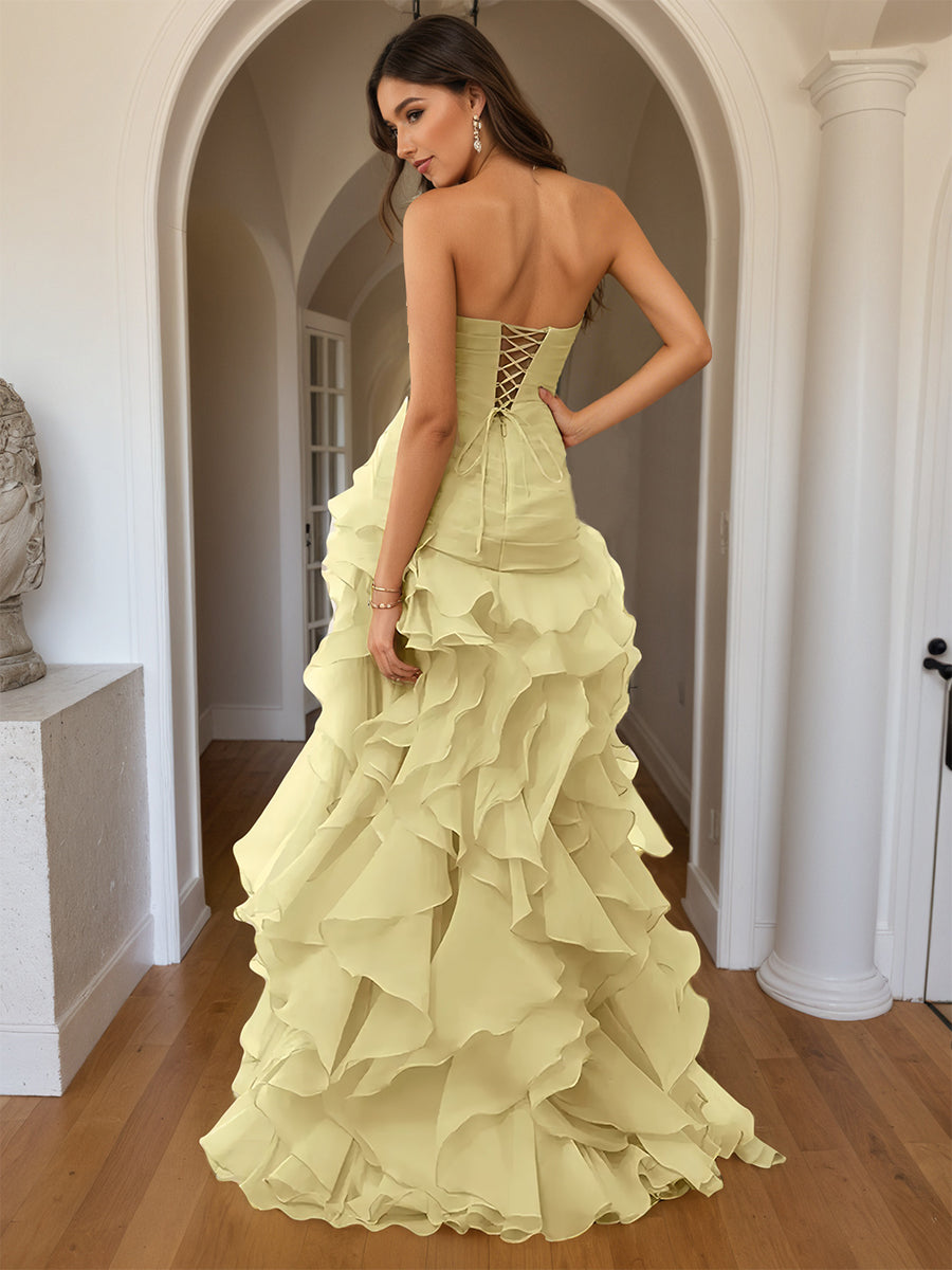 Cicinia Robe de Soirée JONQUILLE Longue Fourreau sans Bretelles Fente Dos Nud à Volants