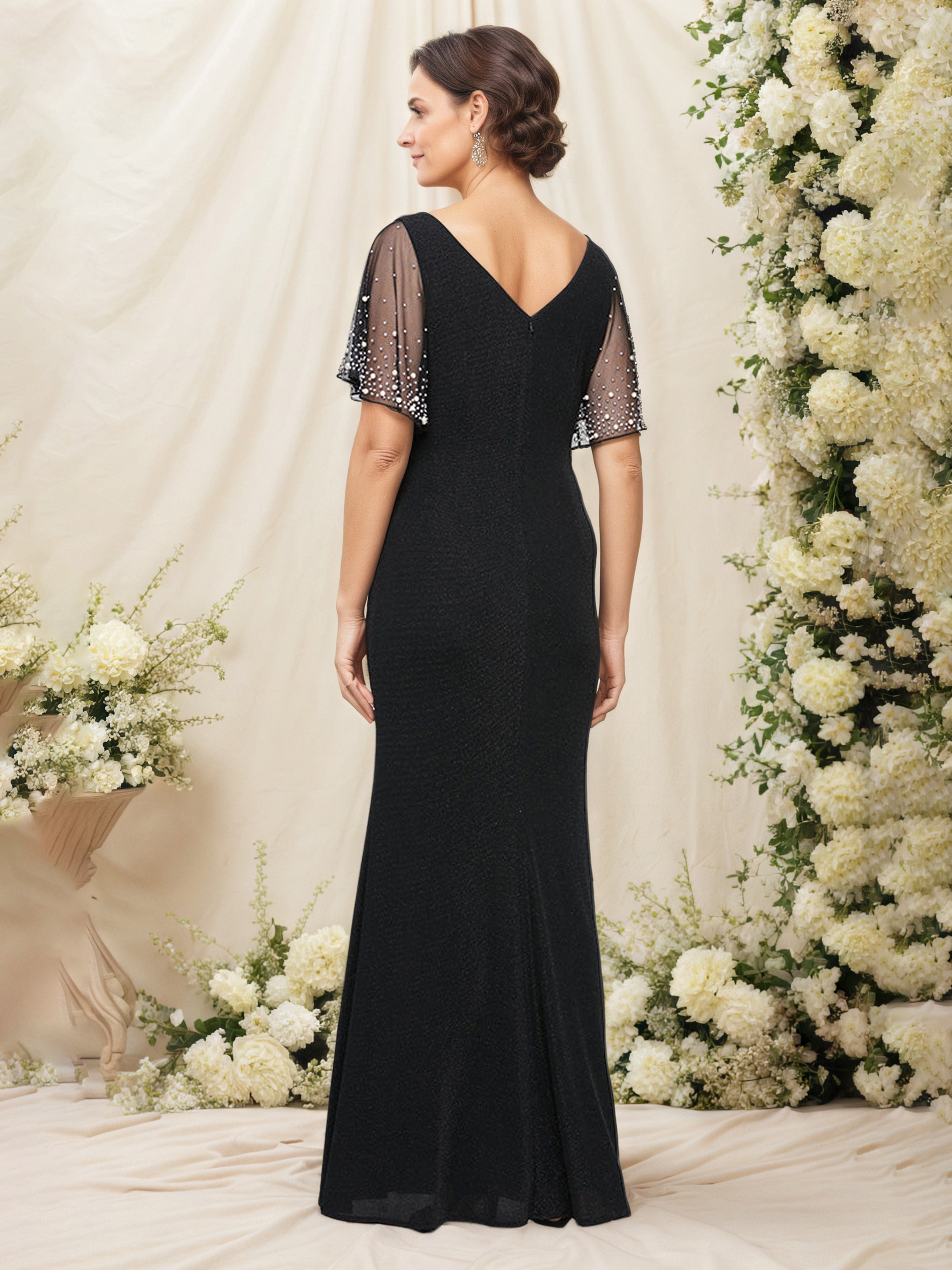 Robe Mère de la Mariée NOIR Fourreau/Colonne Col Rond à Manches Bouffantes avec Plis