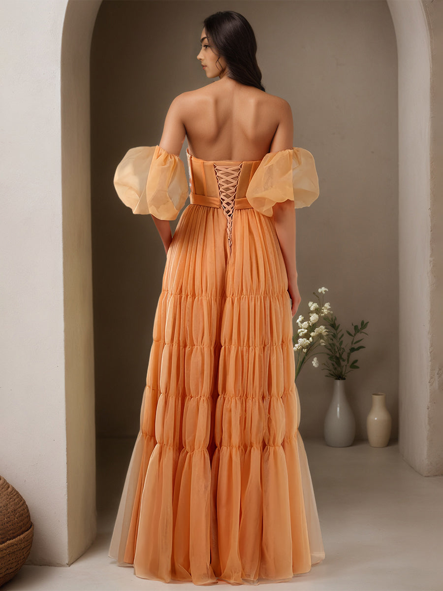 Cicinia Orange Robe de Soirée Longue en Tulle A-Line Décolleté Cœur Longueur Sol