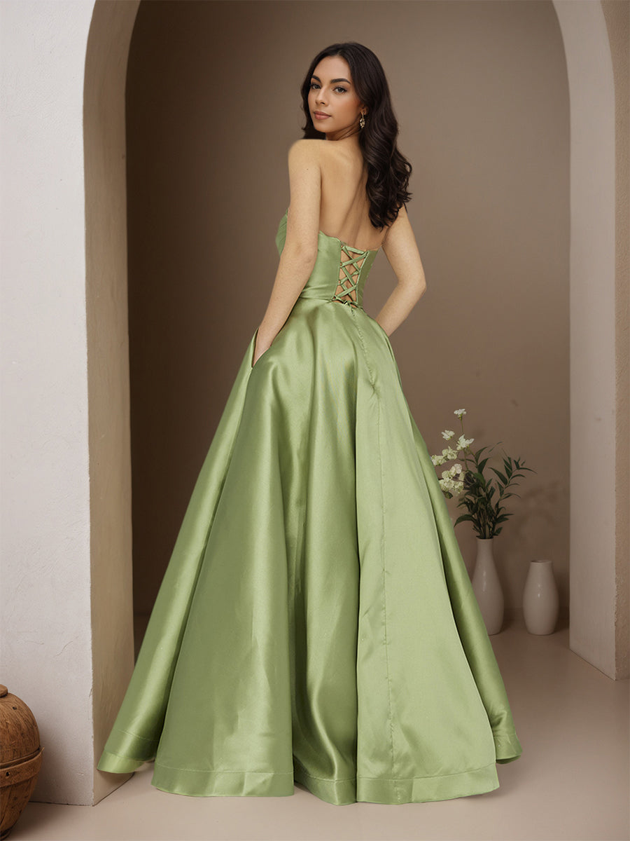 Cicinia SAUGE POUDREE Robe de Soirée Longue en Satin A-Line Longueur Sol sans Bretelles Chic
