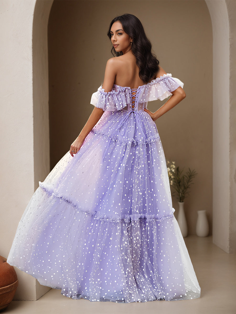 Cicinia Lilas Robe de Soirée Longue en Tulle à Pois A-Line Épaules Dénudées à Volants Longueur Sol