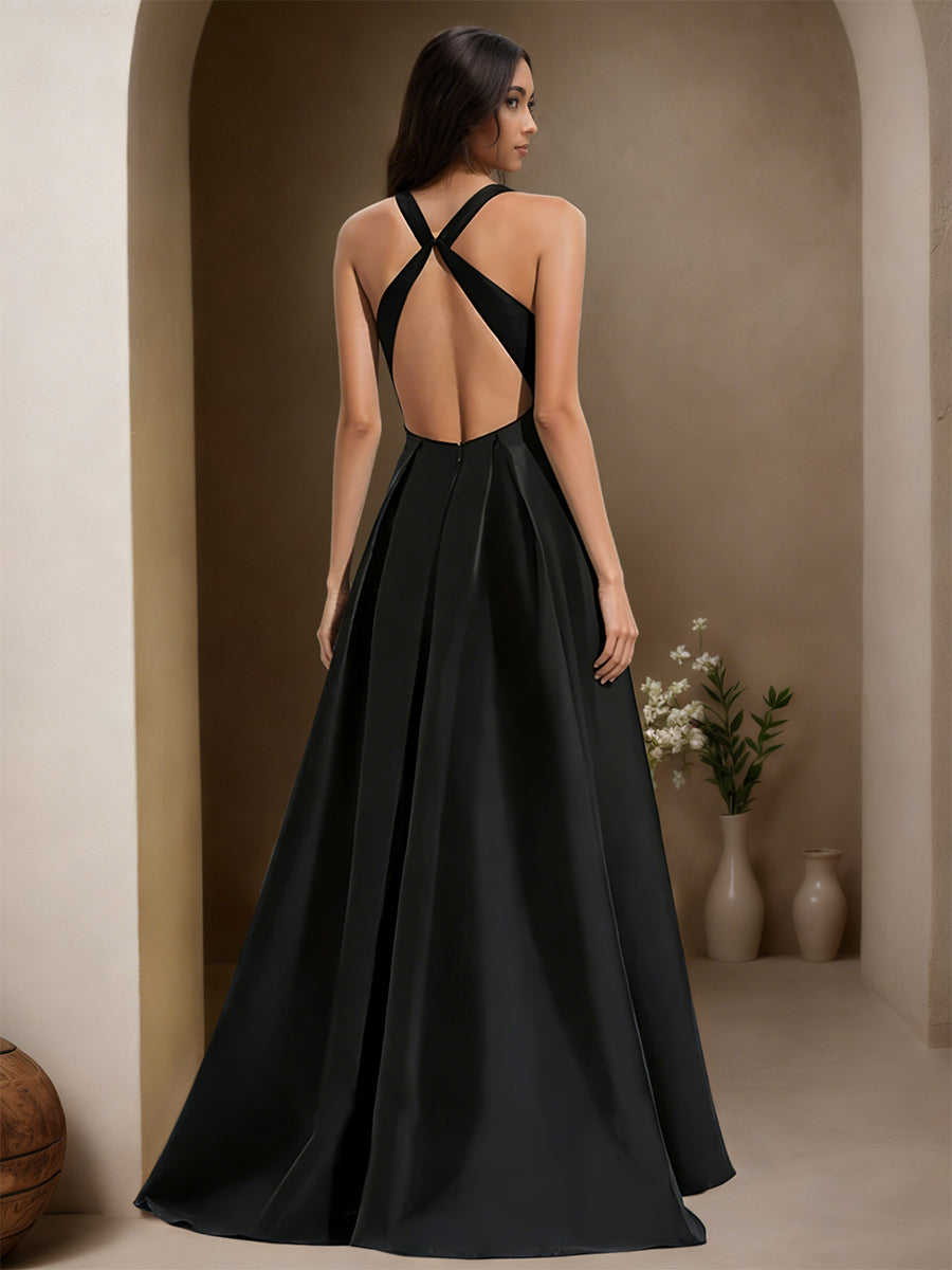 Cicinia Noir Robe de Soirée Longue en Satin A-Line Longueur Sol Ourlet Inégal Décolleté en V Plongeant