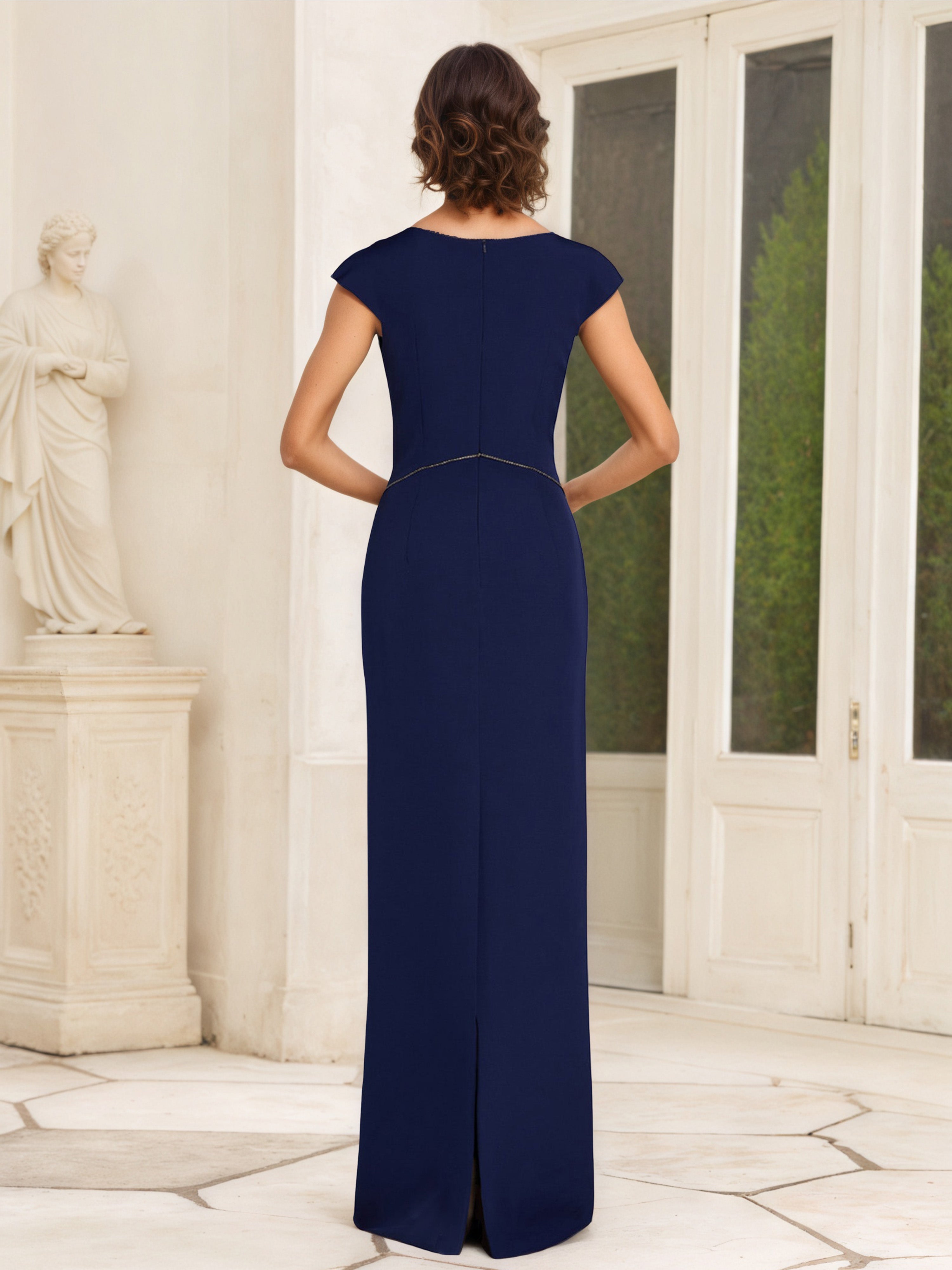 Robe Mère de la Mariée en BLEU_MARINE Fourreau/Colonne à Manches Ballon