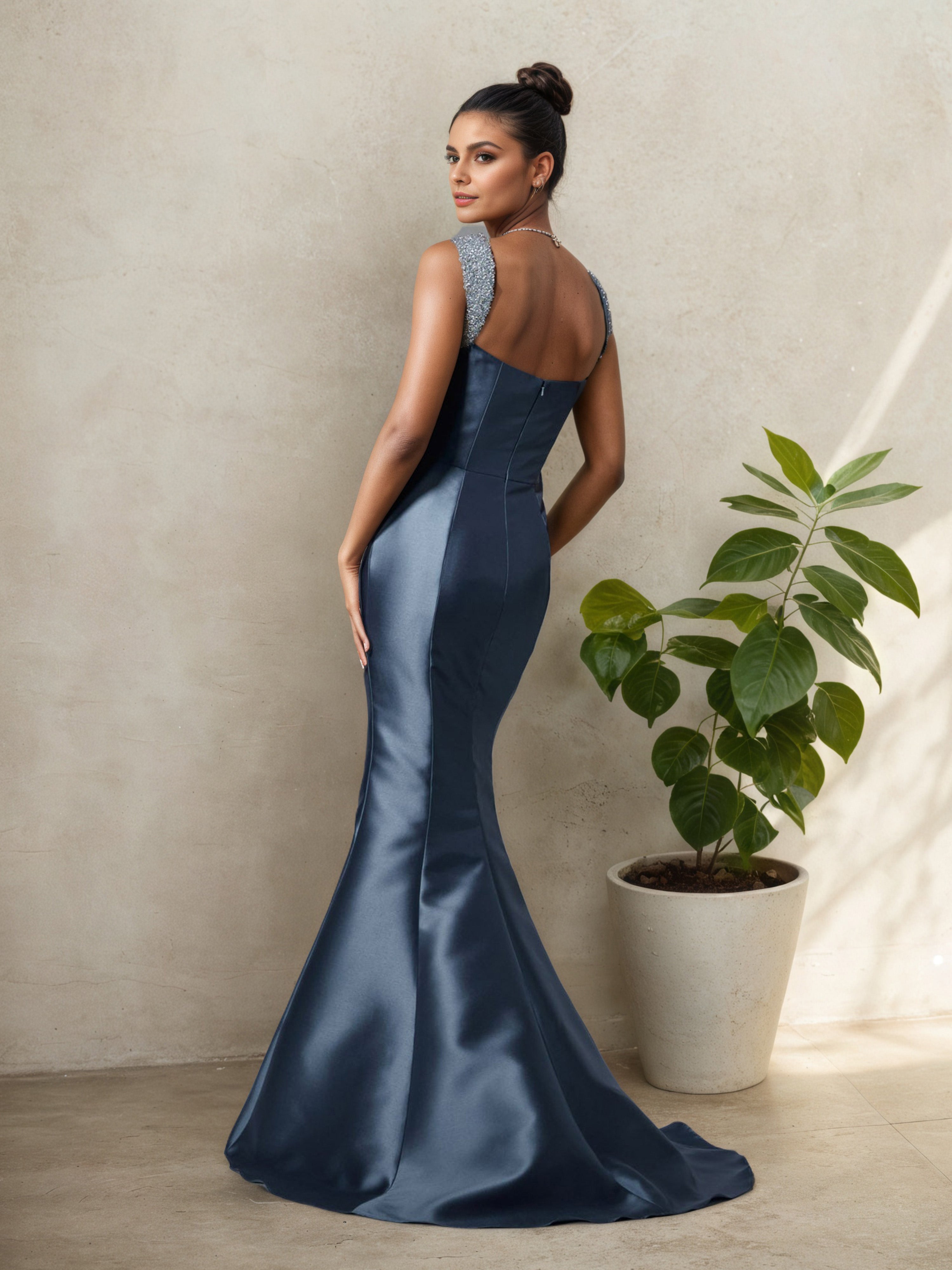 Robe Mère de la Mariée BLEU_DE_SCHISTE en Satin Encolure Carrée avec Traîne Balayage