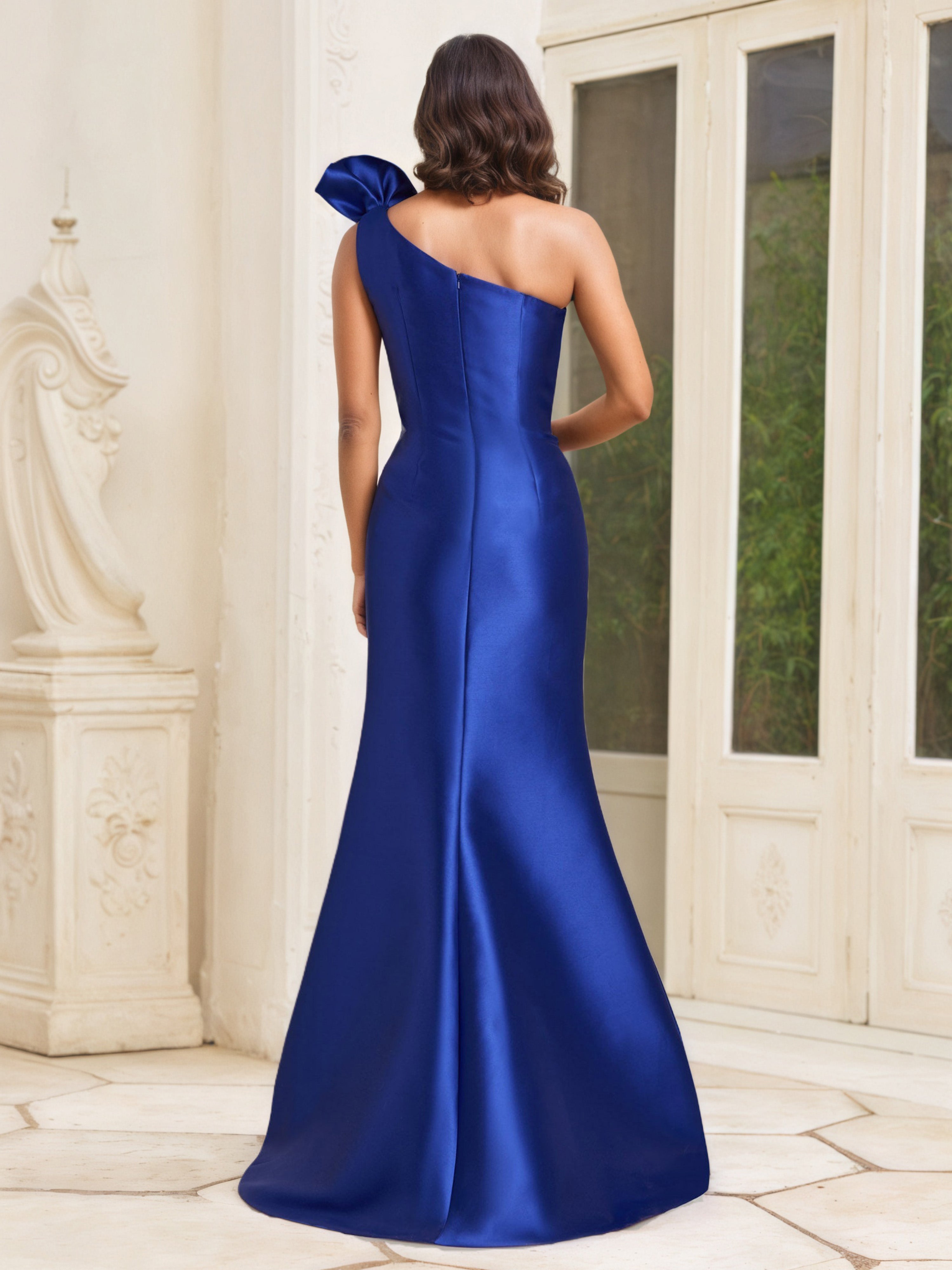 Robe Mère de la Mariée Bleu Royal à Une Épaule avec Volants et Fente Latérale