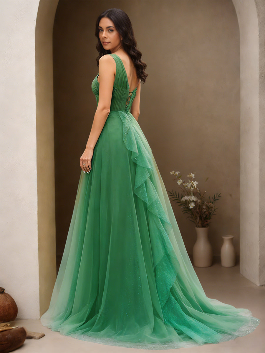 Cicinia Vert Robe de Soirée Longue en Tulle A-Line Seule Épaule Traîne Balayée avec Fente