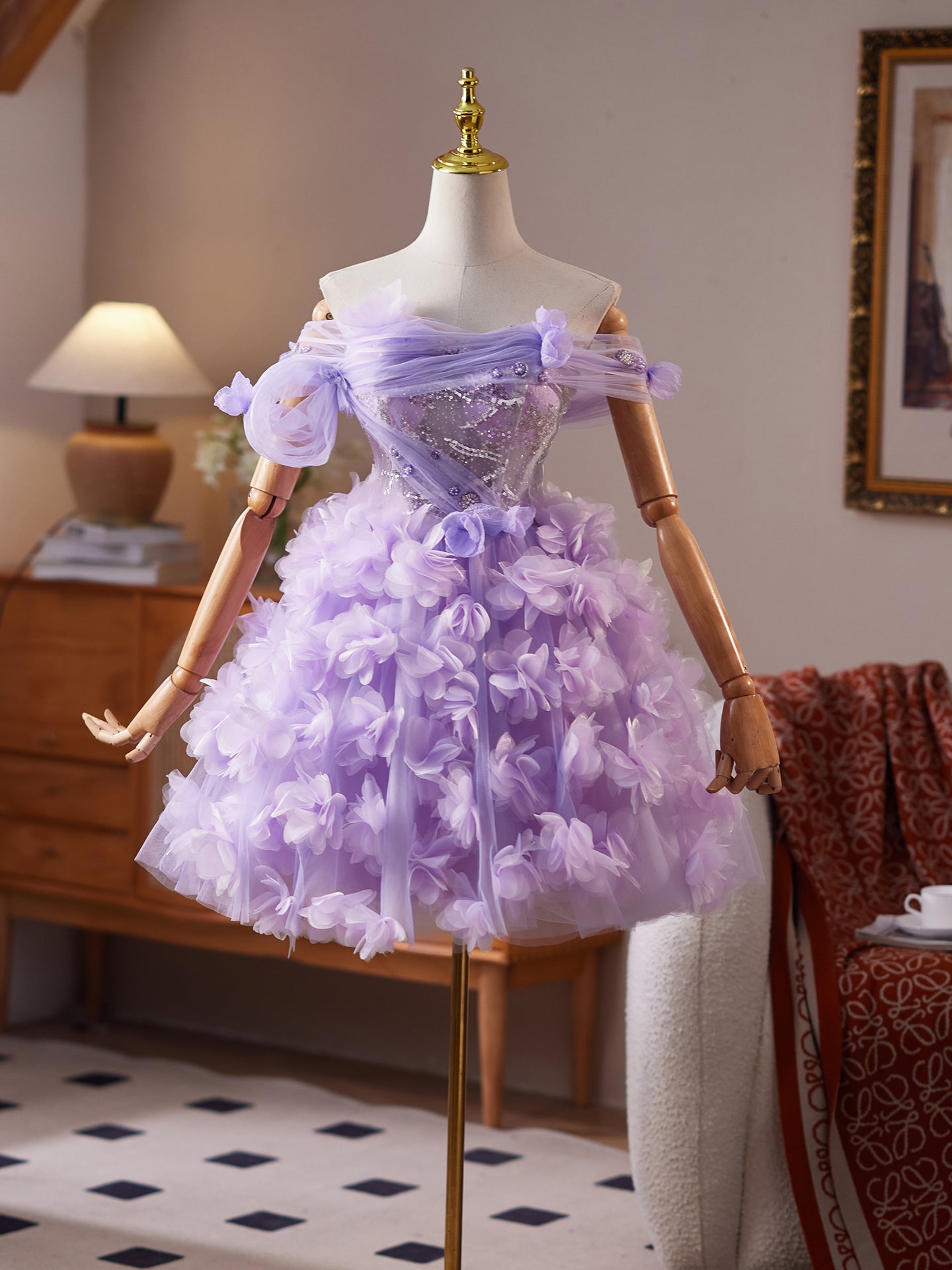 Robe de Bal Lilas Magnifique en Tulle Appliqués Fleurs et Paillettes Coupe A pour Homecoming