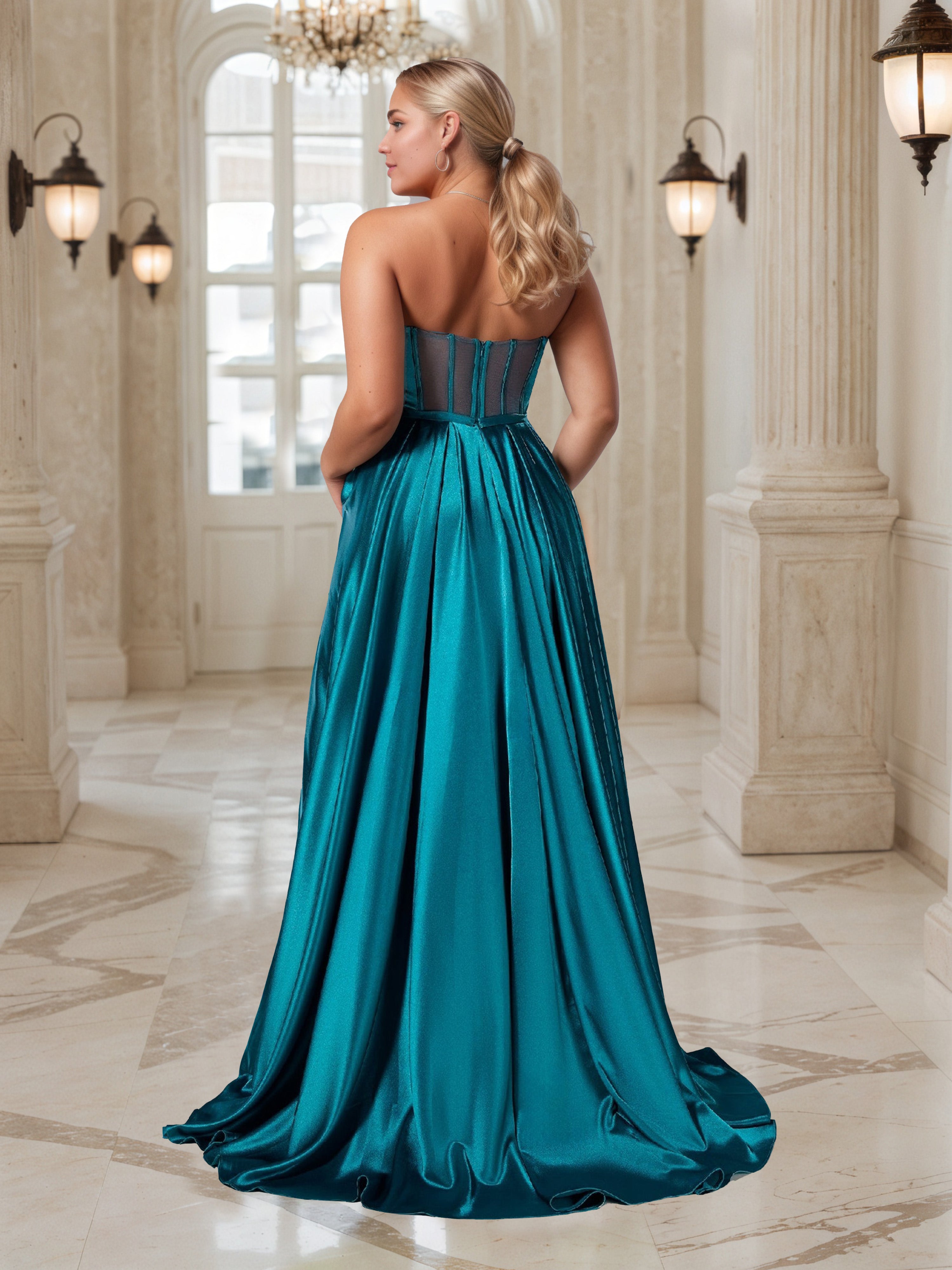 Robe de Bal Jade en Satin Sans Bretelles Grande Taille avec Traîne Balayage et Broderies