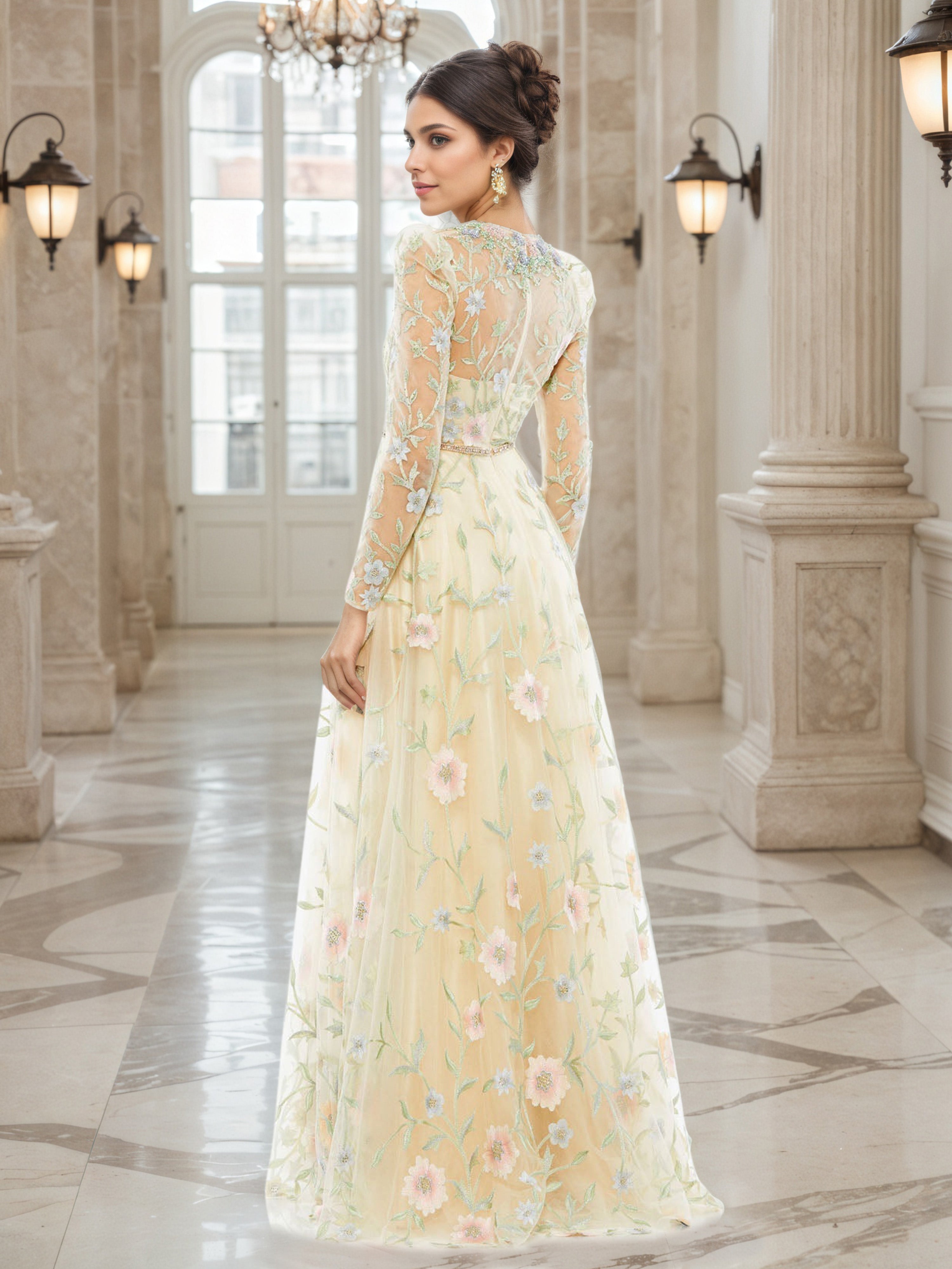 Robe de Soiréeà JONQUILLE Manches Longues en Dentelle Florale Robe Trapèze