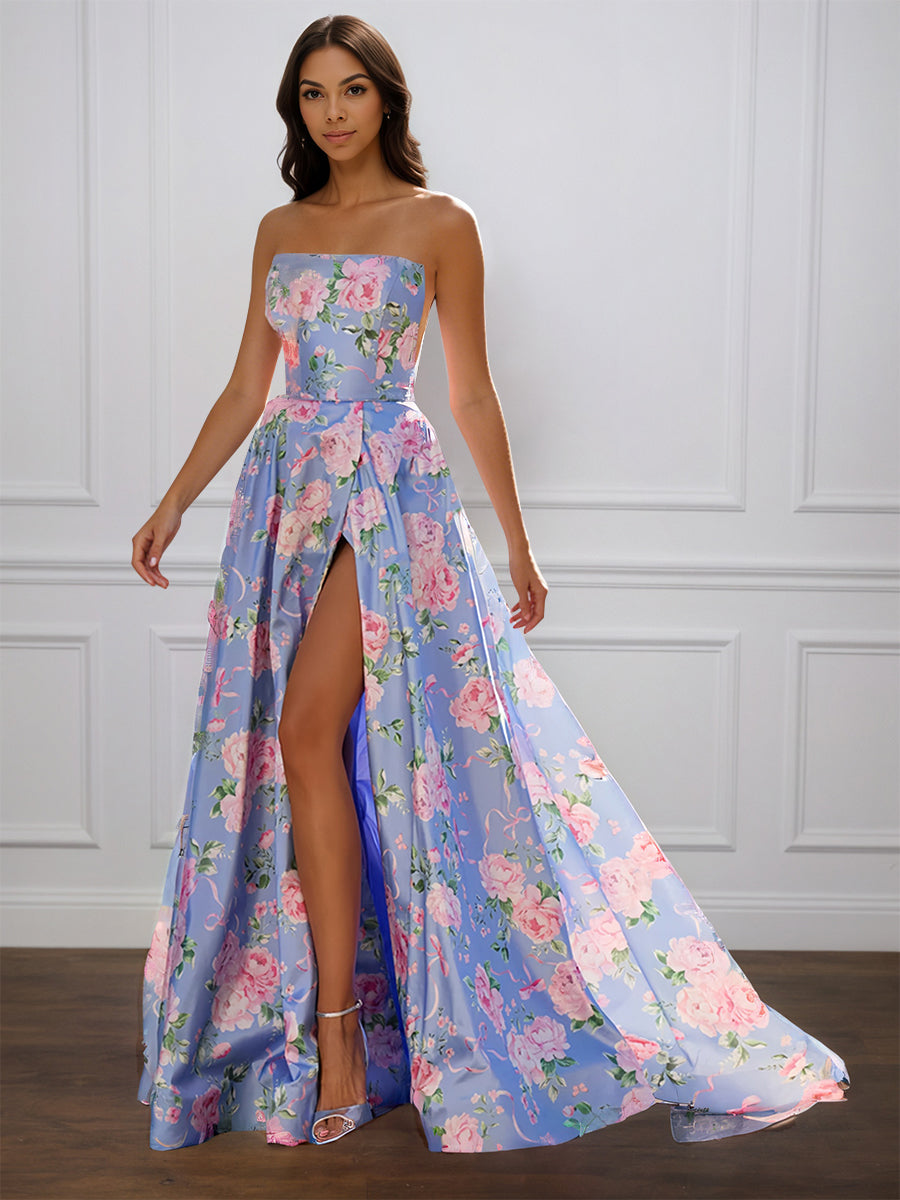 Cicinia Bleu Robe de Soirée Longue en Tissu Imprimé A-Line Fente sans Bretelles Traîne Balayée