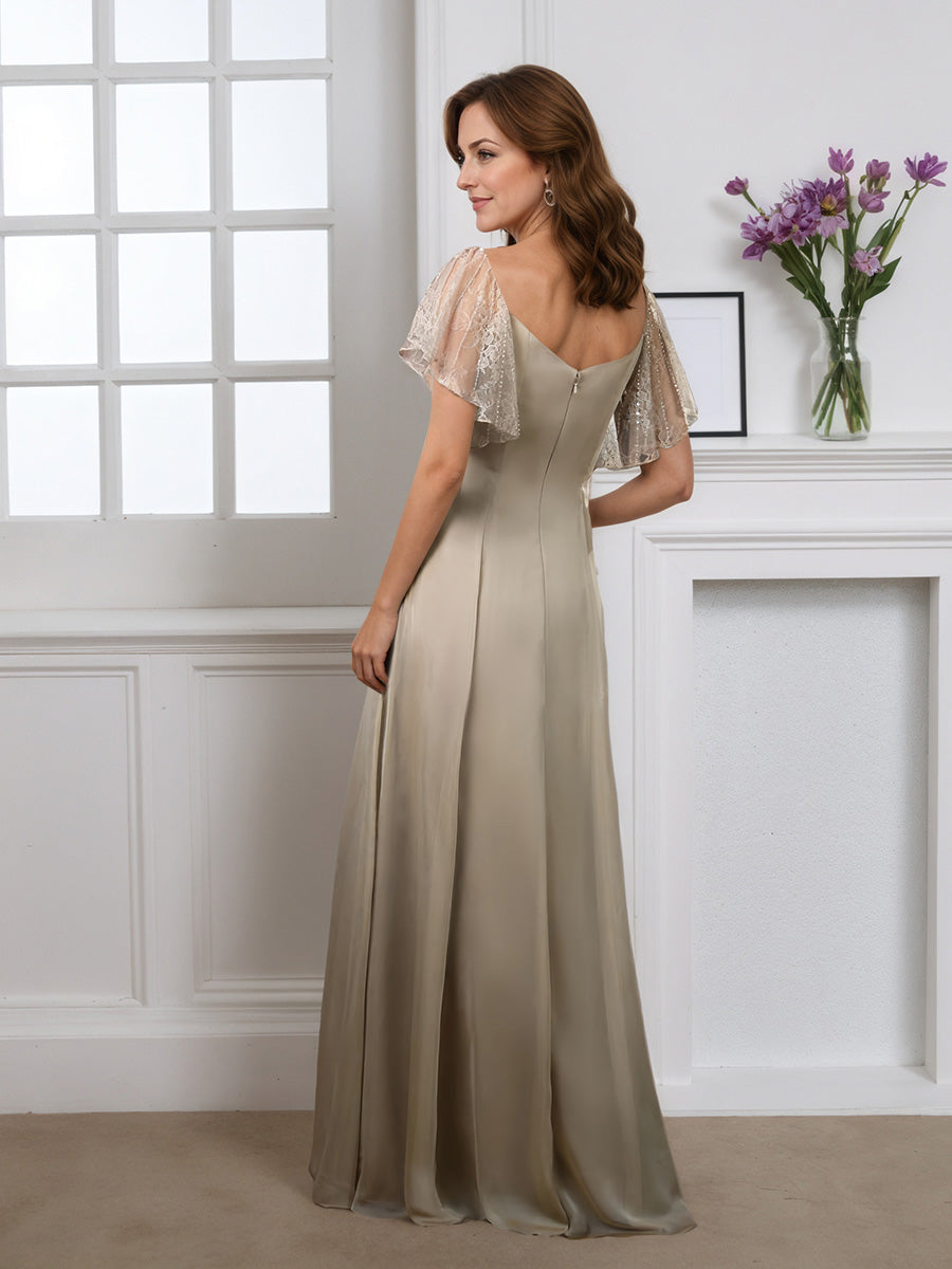 Cicinia Argent Robe pour Mère de la Mariée Longue A-Line en Mousseline Dentelle Longueur Sol
