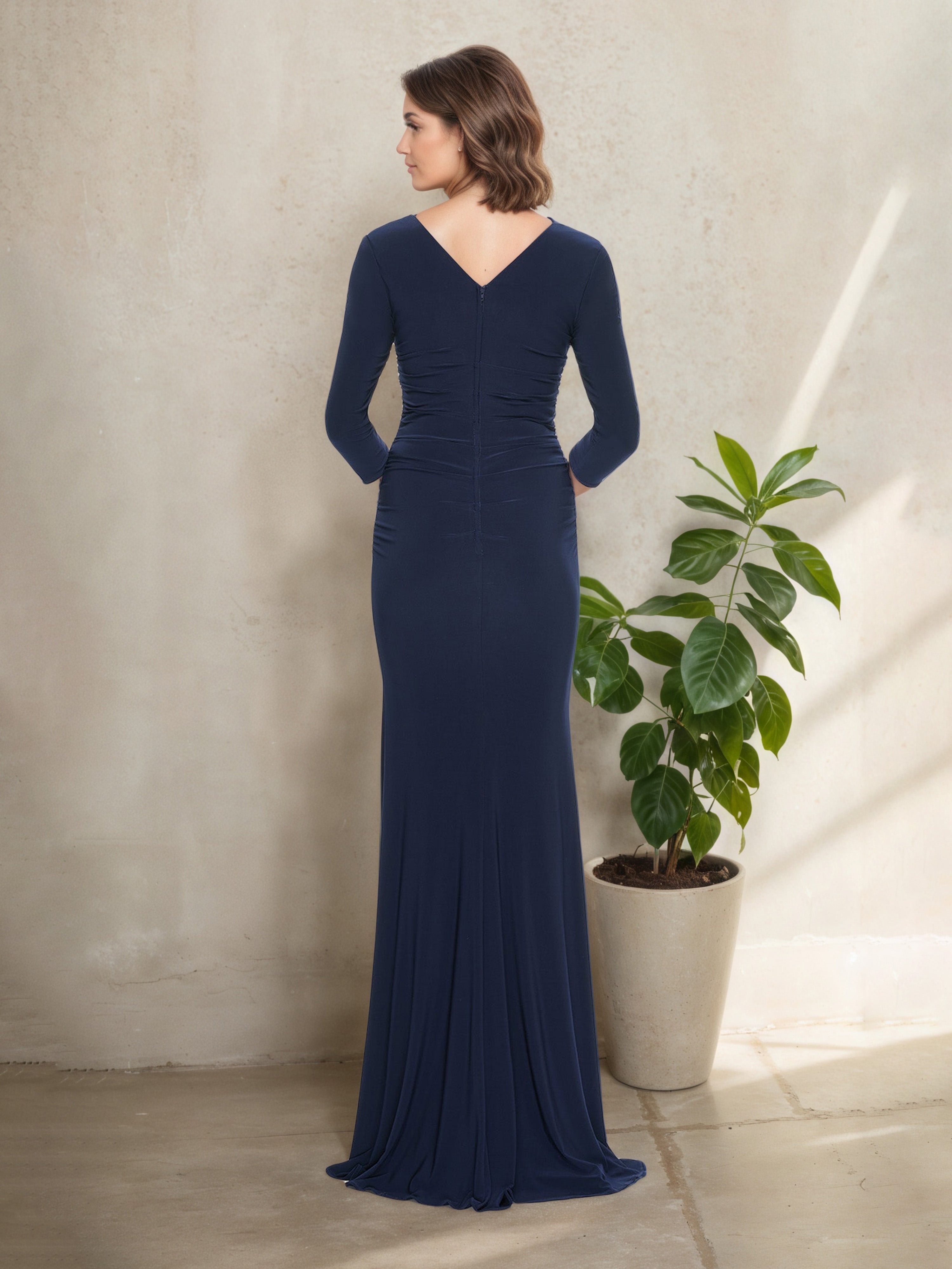 Robe Mère de la Mariée BLEU_MARINE Col Carré Silhouette Sheath à Manches 3/4