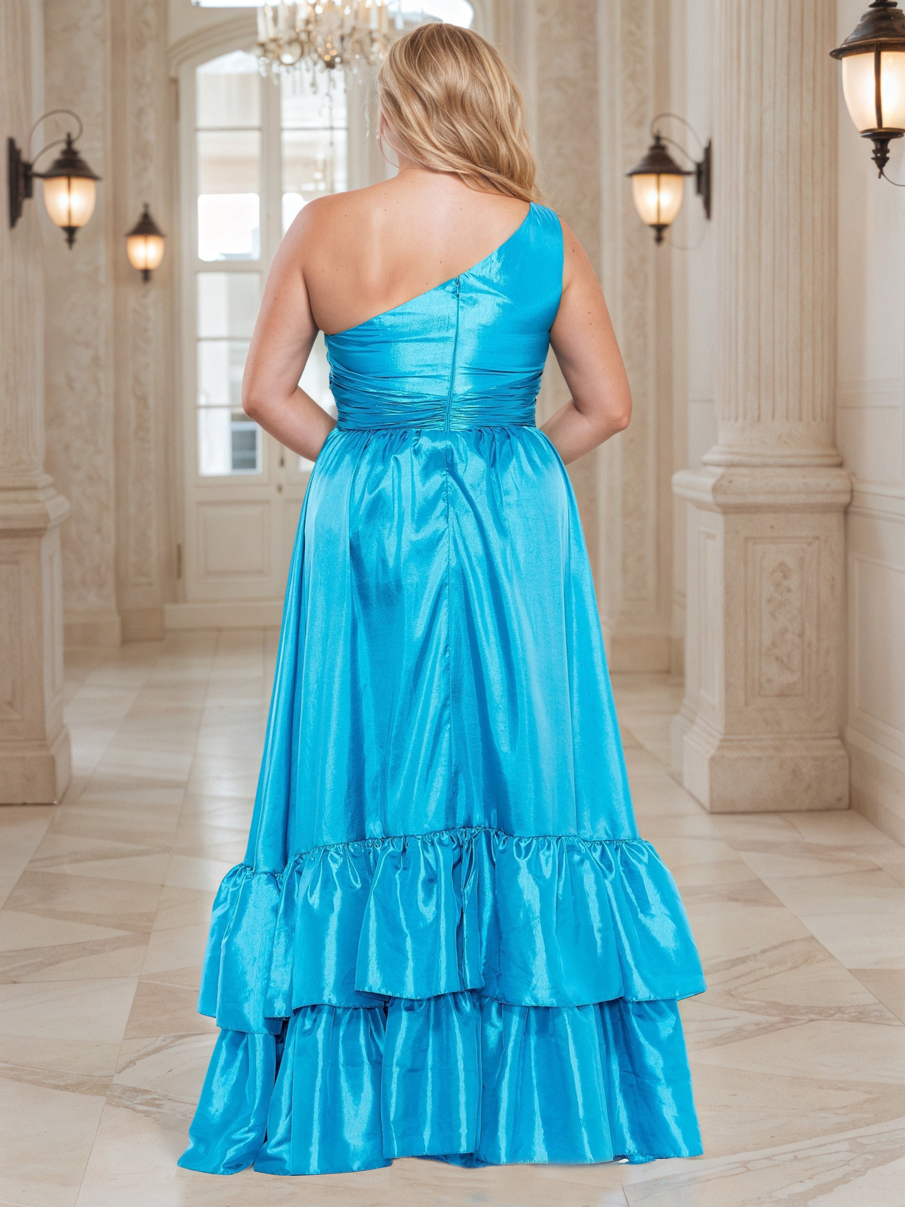 Robe de Bal Bleu Océan à Une Épaule Grande Taille Coupe A-Line Sans Manches à Superpositions