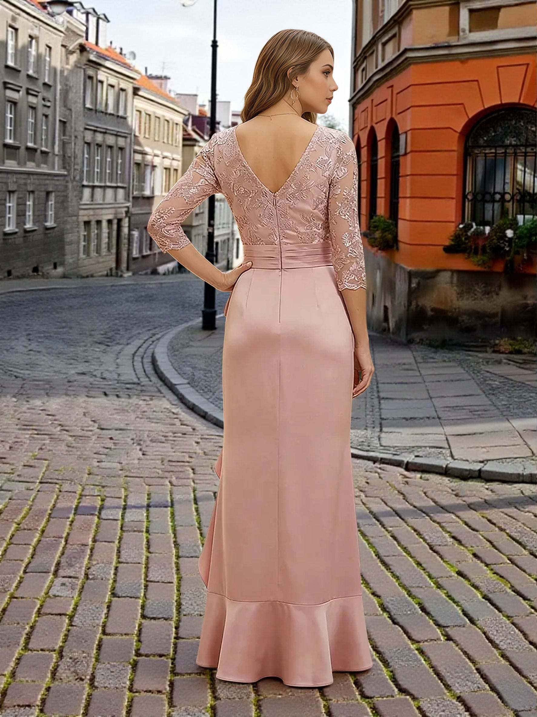 Cicinia Rose Poussiéreux Robe pour Mère de la Mariée Longue Fourreau en Satin Doux à Volants Longueur Sol