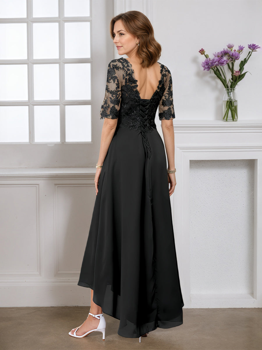 Cicinia Robe pour Mère de la Mariée NOIR Longue A-Line en Mousseline Dentelle Manches Demi-longues Décolleté en V Ourlet Asymétrique