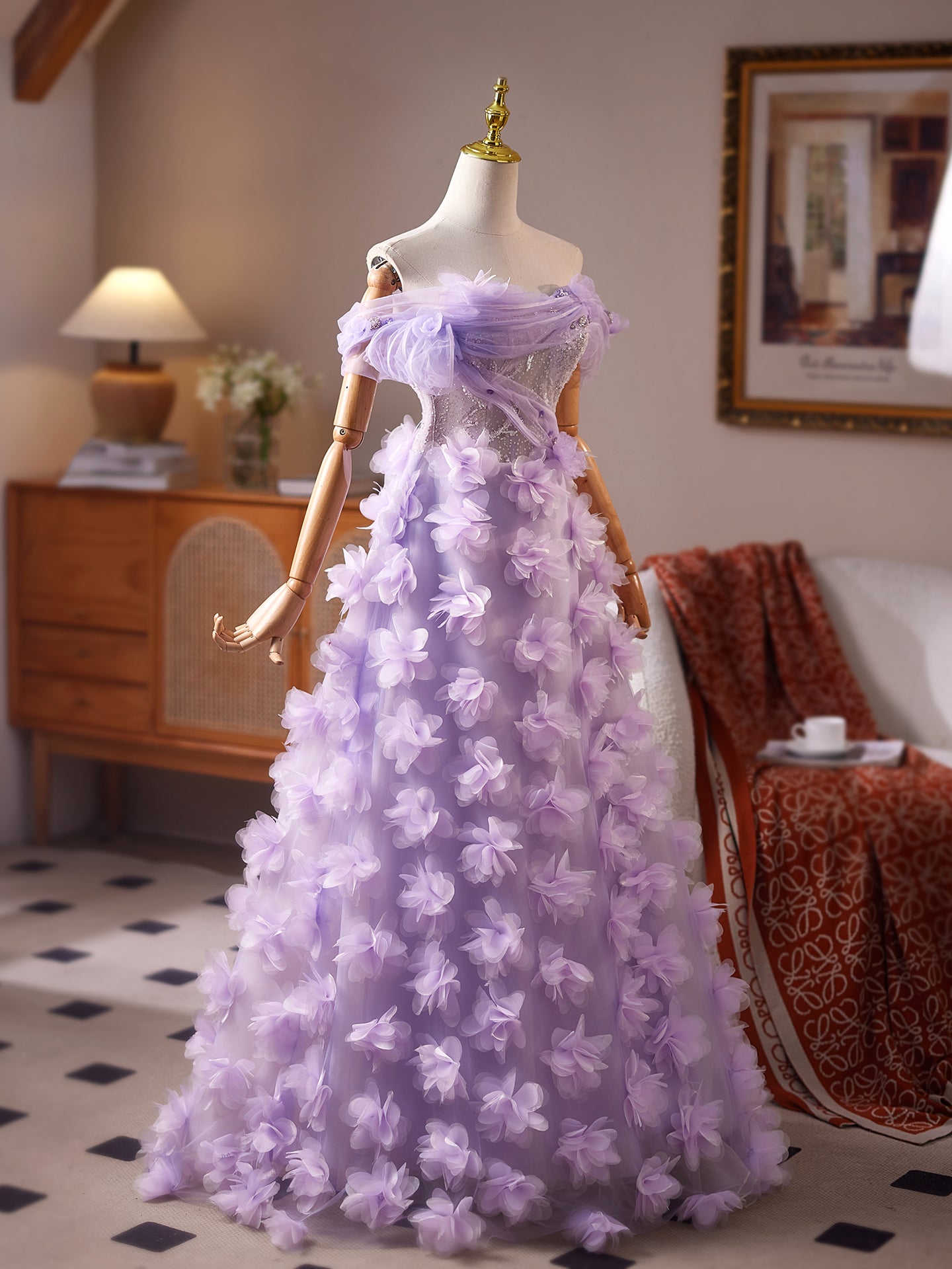 Nouvelle Arrivée Robe de Bal Lilas en Tulle Broderie de Perles et Appliqués Fleurs Longue