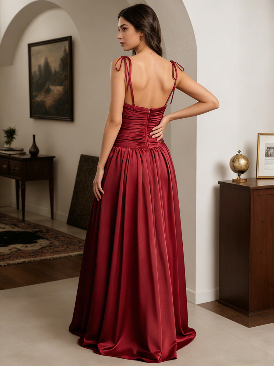 Cicinia Robe de Soirée BORDEAUX Longue A-Line en Satin à Bretelles Spaghetti Longueur Sol
