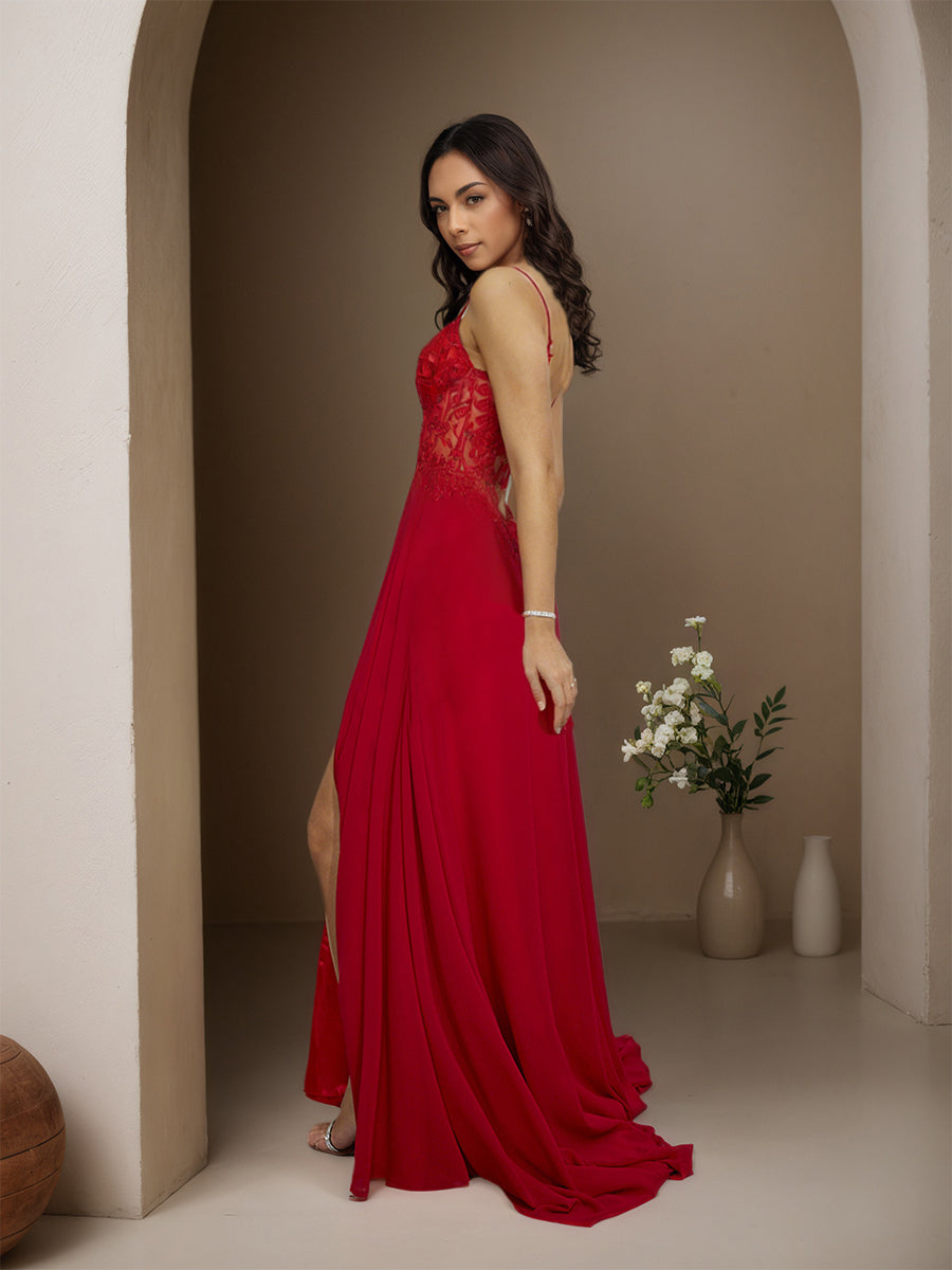 Cicinia Rouge Robe de Soirée Longue en Mousseline Appliqués Dentelle A-Line Traîne Balayée