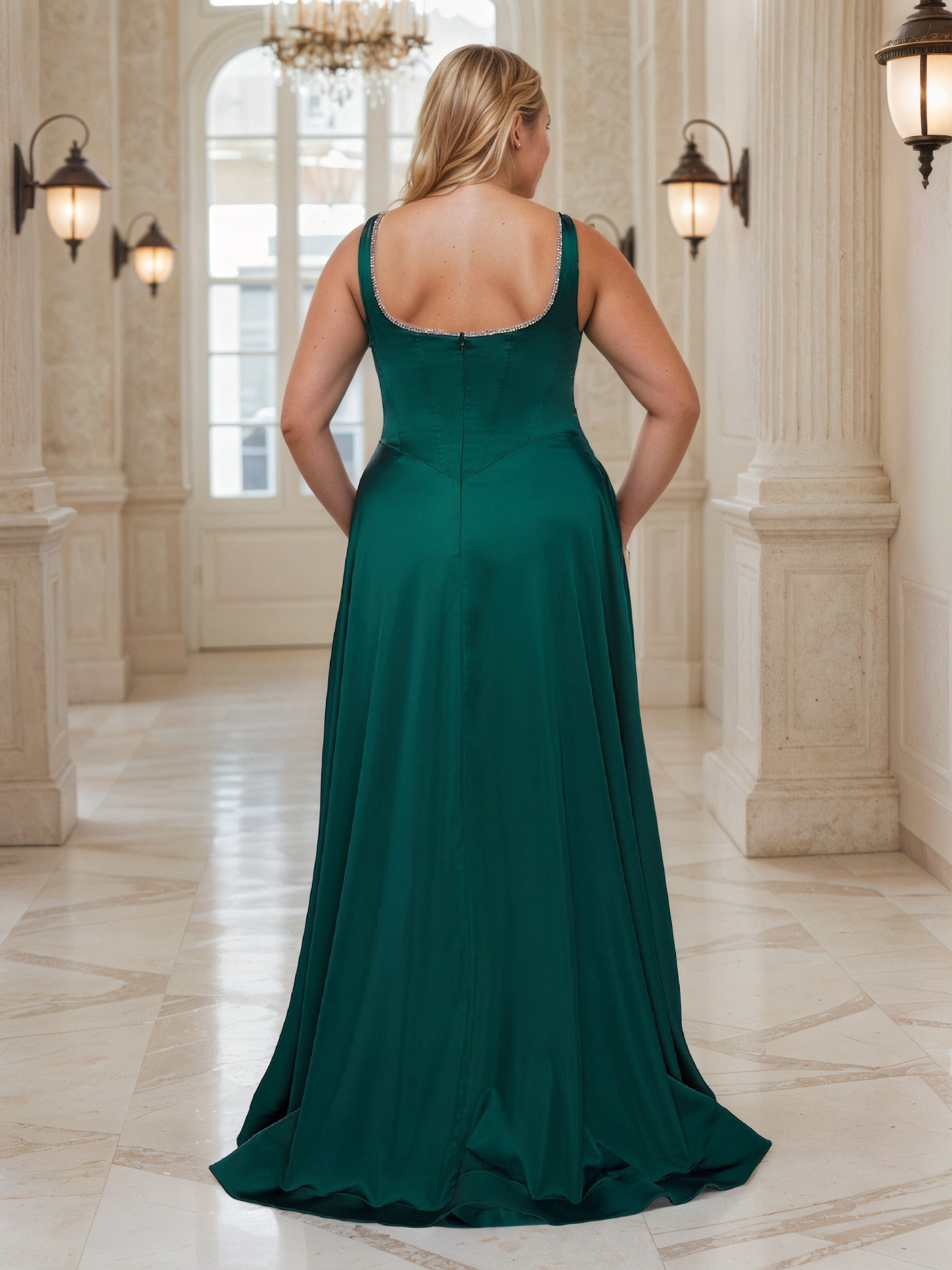 Robe de Bal VERT_FONCE Col en cuillère avec Traîne Balayage Grande Taille Coupe A-Line