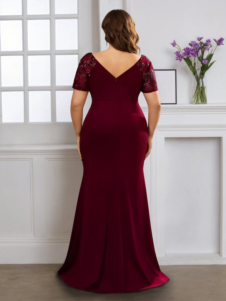 Cicinia Robe pour Mère de la Mariée BORDEAUX Longue en Tissu Extensible Fourreau Décolleté en V Fente Gande Taille