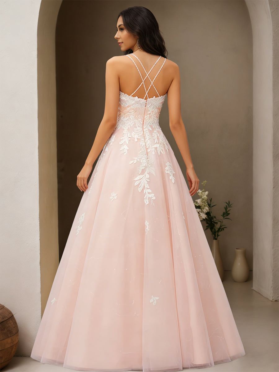 Cicinia Rose Perlé Robe de Soirée Longue en Tulle A-Line Bretelles Spaghetti Style Féerique avec Appliqués Dentelle