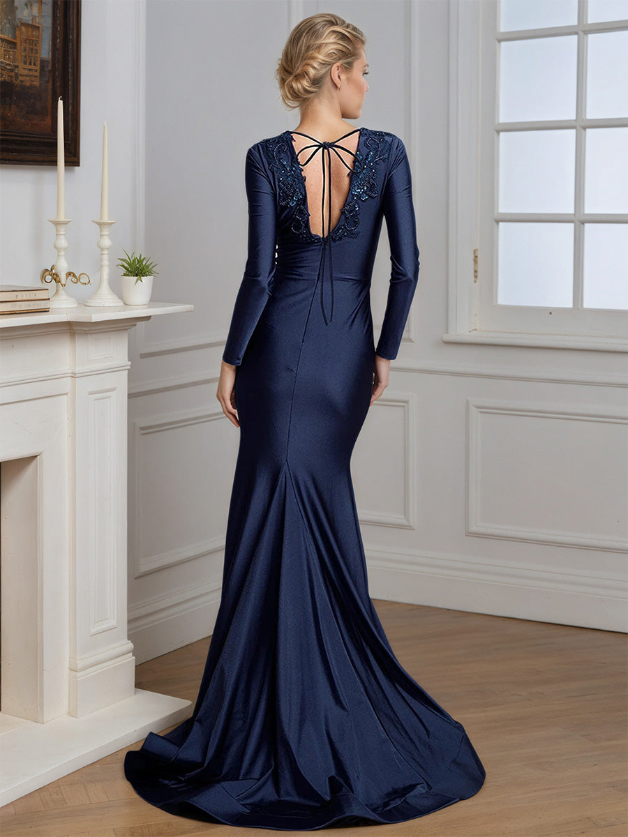 Cicinia Robe de Soirée BLEU MARINE Sirène Décolleté en V Plongeant Manches Longues Traîne Balayée