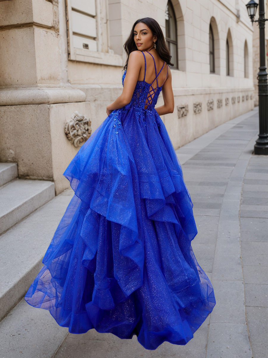Cicinia BLEU ROYALE Robe de Soirée Princesse Longue à Bretelles Spaghetti à Volants Unique