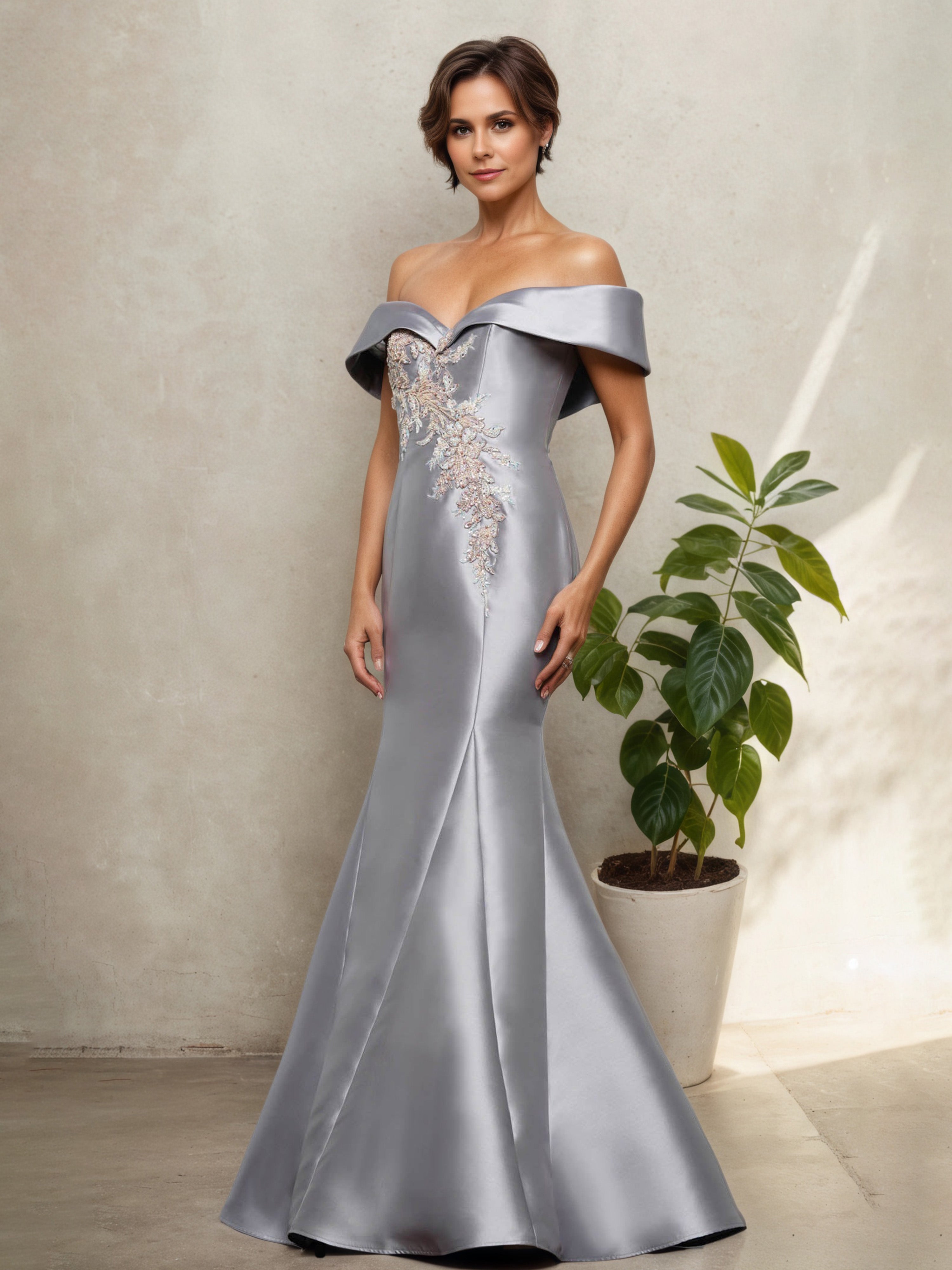 Robe de Cérémonie Argentée pour Mère de la Mariée Style Épaules Dénudées et Silhouette Sirène/Trumpet