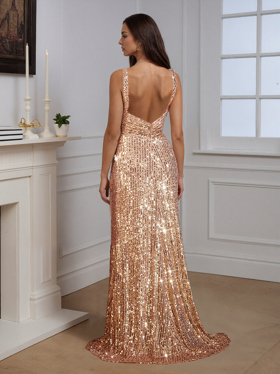 Cicinia Robe de Soirée OR ROSE Longue Fourreau Scintillante sans Manches Dos Nud Fente