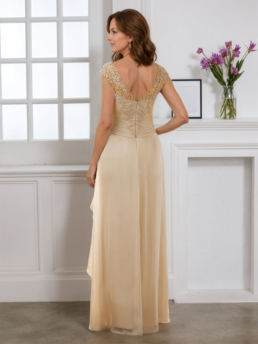 Cicinia Champagne Robe pour Mère de la Mariée Longue Fourreau en Mousseline Appliqués Dentelle Fente Longueur Sol