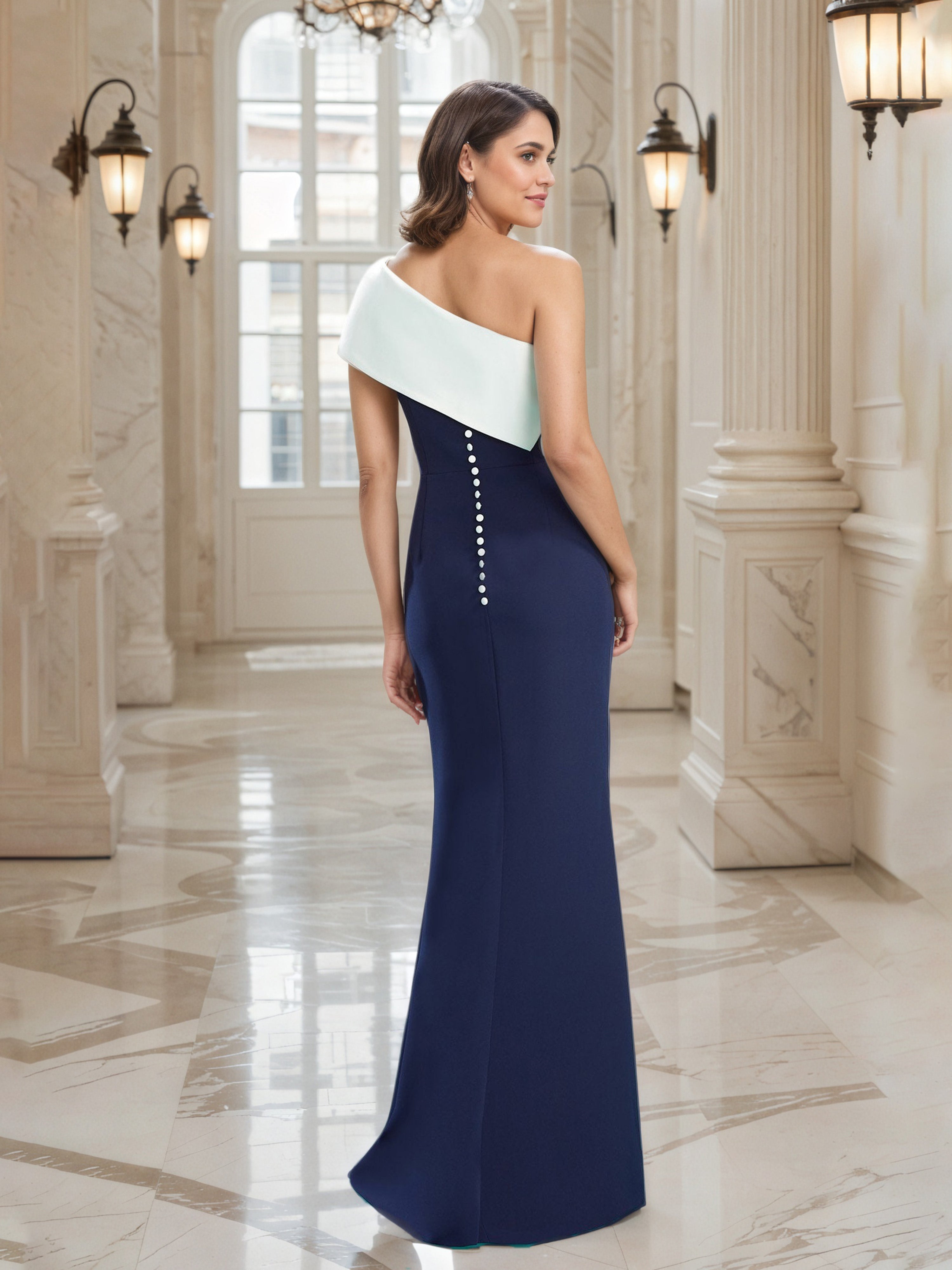 Robe de Soirée BLEU_MARINE et Blanc Seule épaule Fourreau Robe Asymétrique à Volants à la Taille