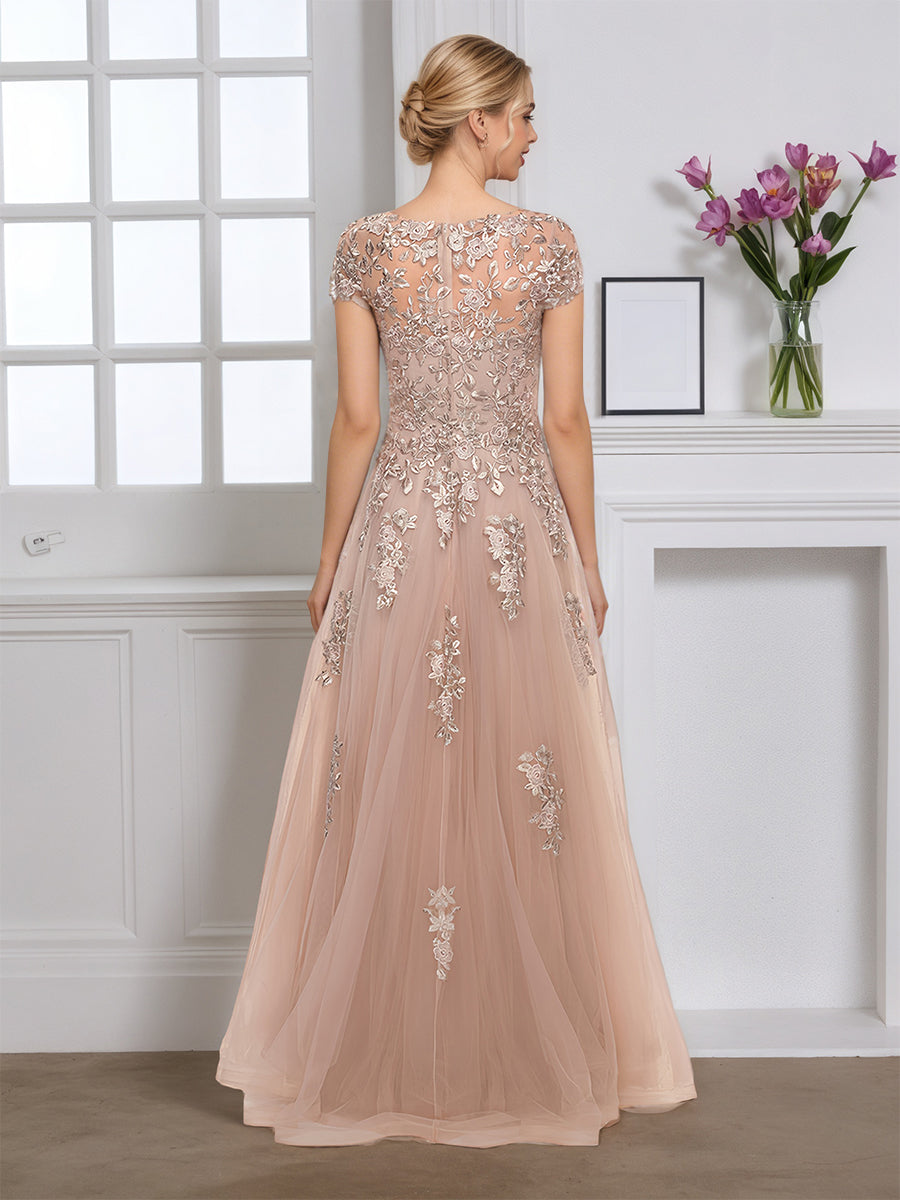 Cicinia Taupe Robe pour Mère de la Mariée Longue en Tulle Appliqués Dentelle Manches Capelines
