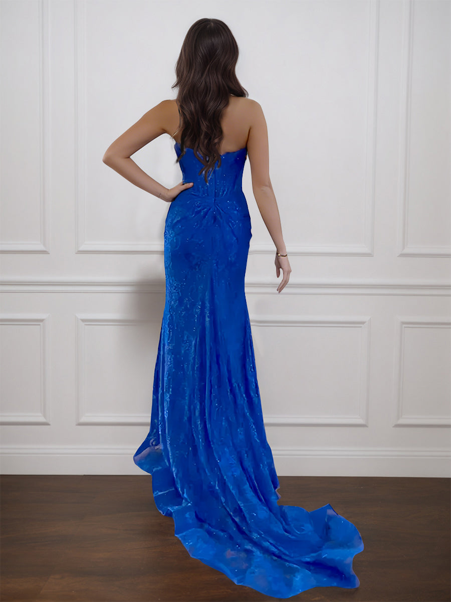 Cicinia BLEU ROYALE Robe de Soirée Longue en Dentelle Fourreau sans Bretelles Traîne Balayée Élégante