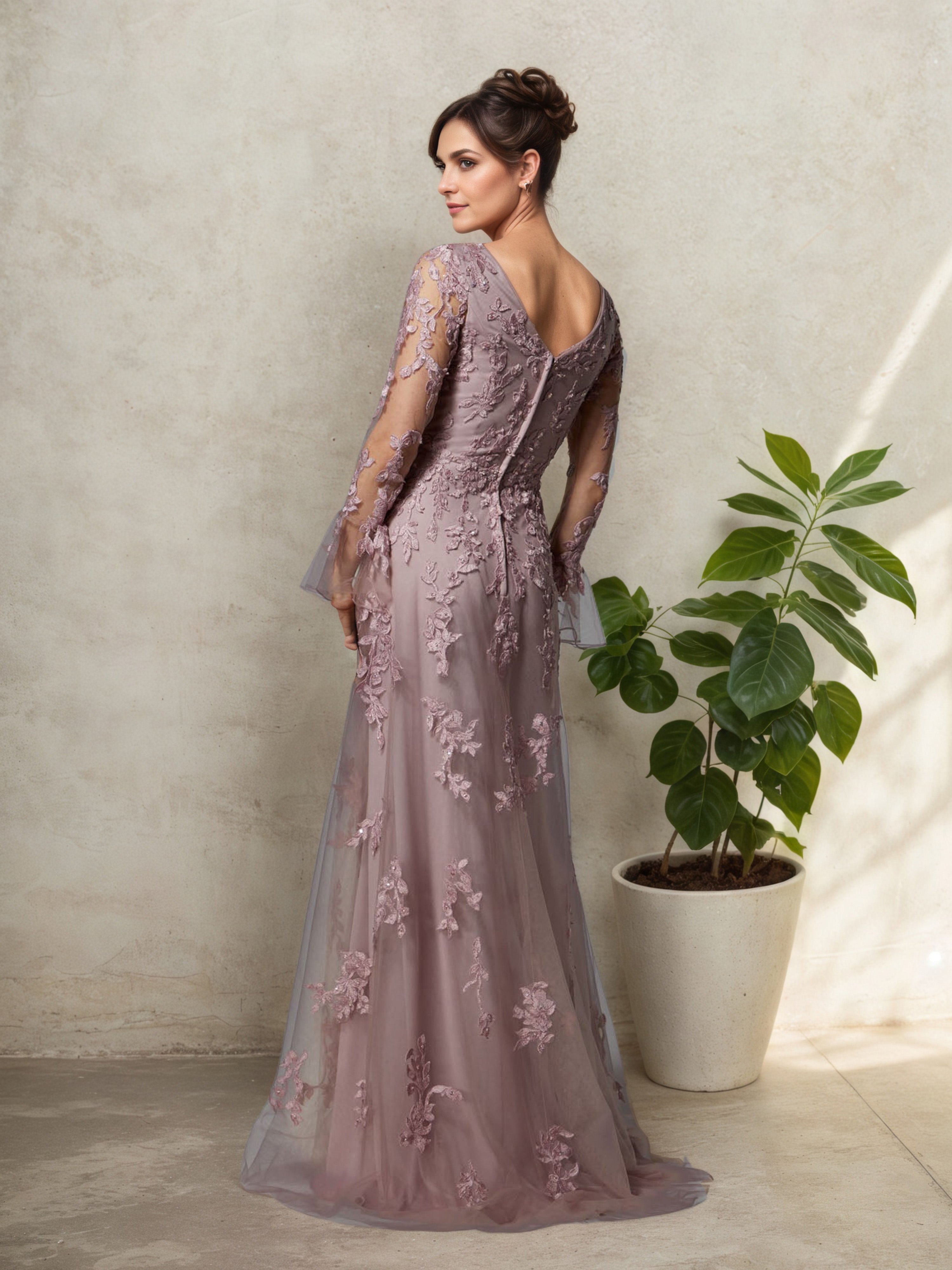 Robe Mère de la Mariée VINTAGE_MAUVE Silhouette Trumpet à Décolleté en V avec Manches Évasées