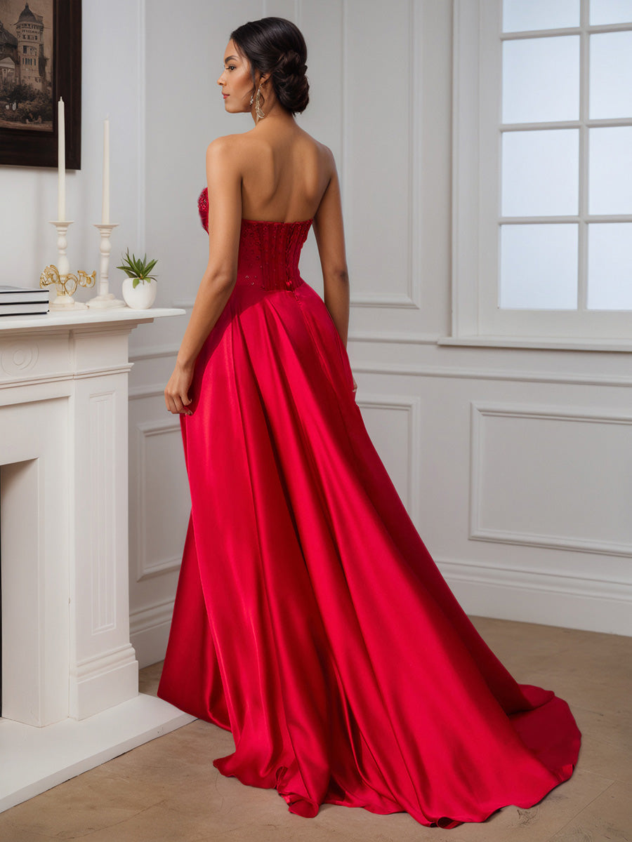 Cicinia Robe de Soirée Rouge Longue A-Line Perlé Épaules Dénudées Traîne Balayée Ravissante