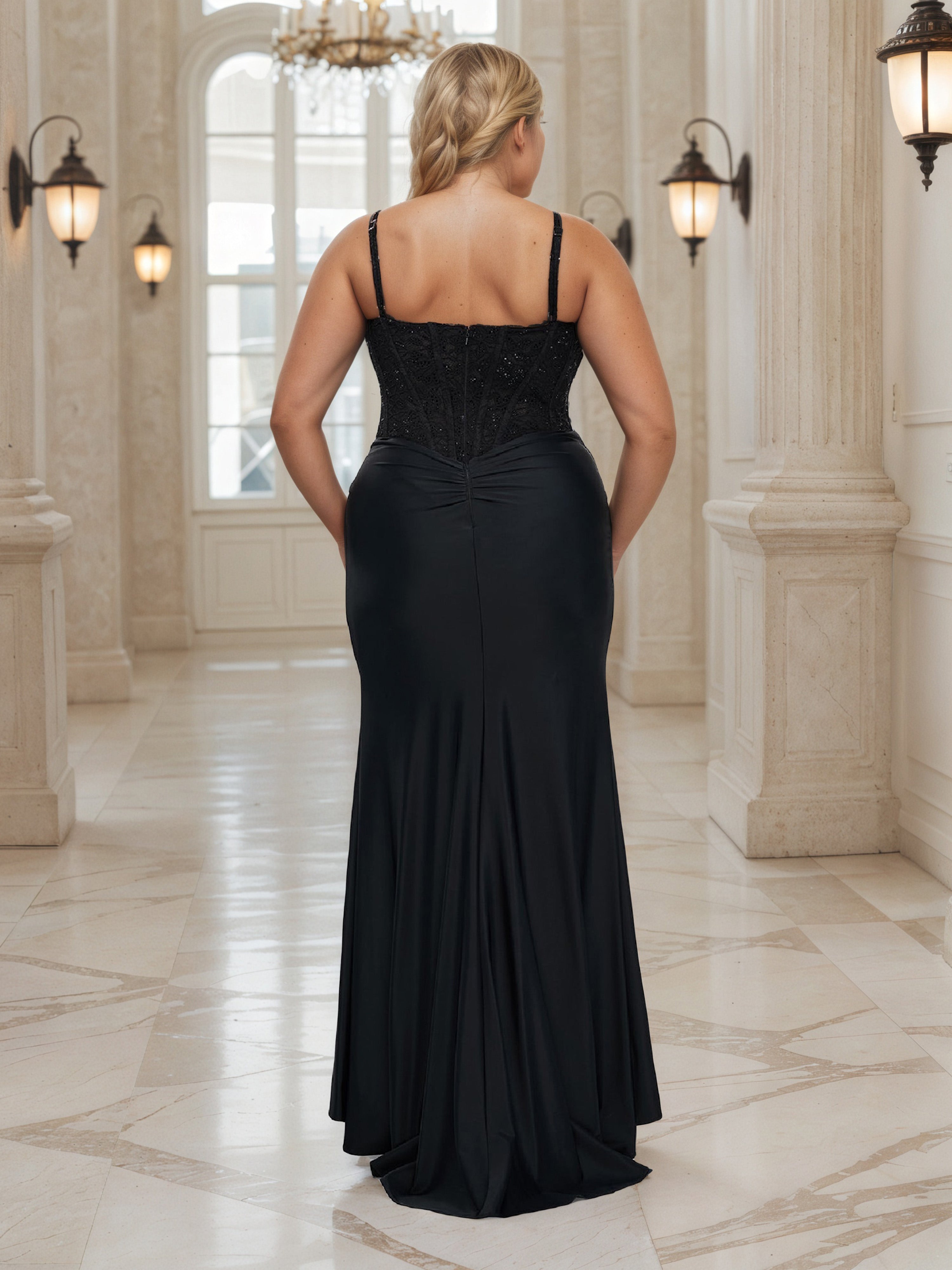 Robe de Bal à Décolleté Cœur avec Bretelles Spaghetti Grande Taille avec Fente Haute